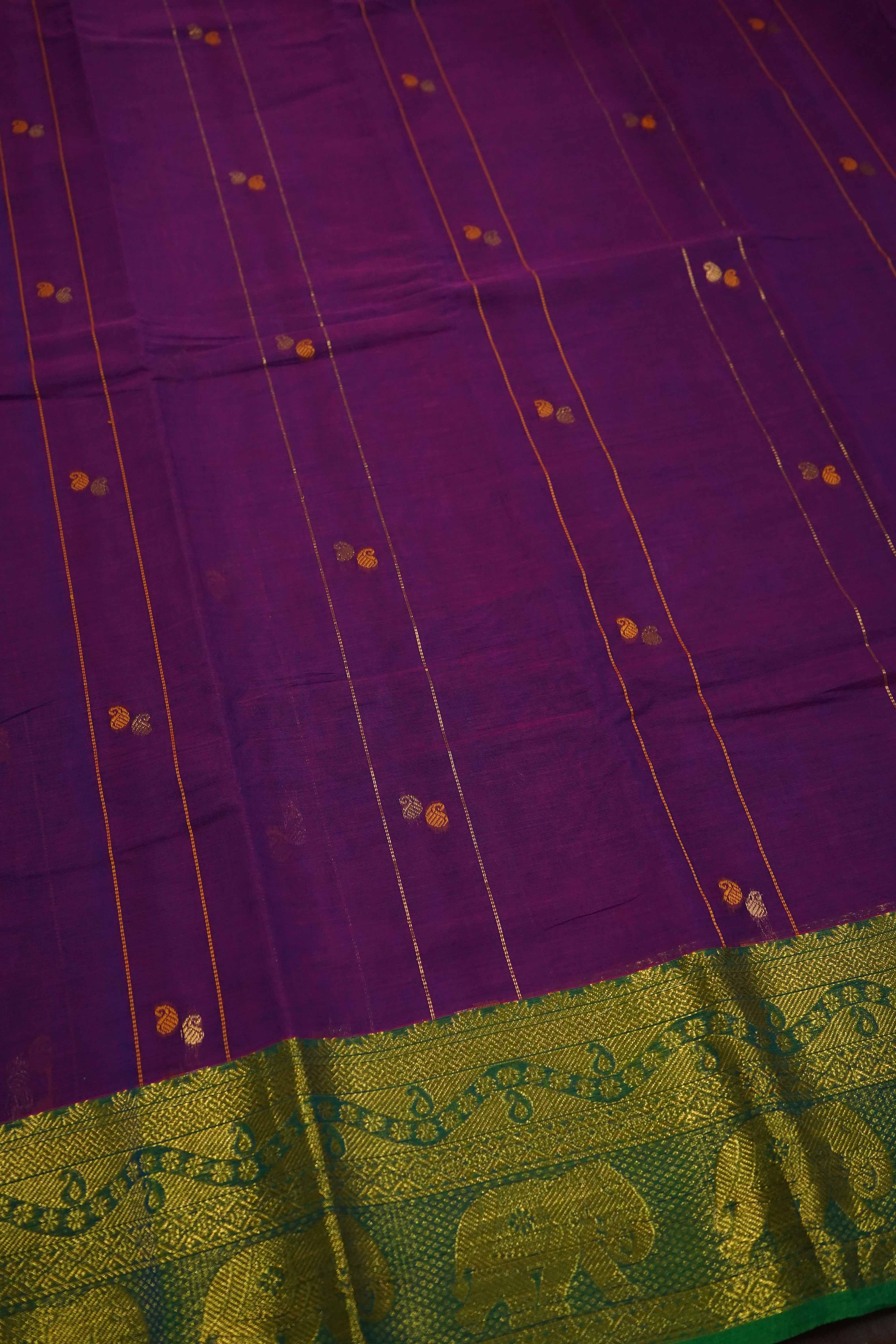 GRAPE PURPLE WITH GREEN KANCHI COTTON SAREE - Queens Jewel Emporium