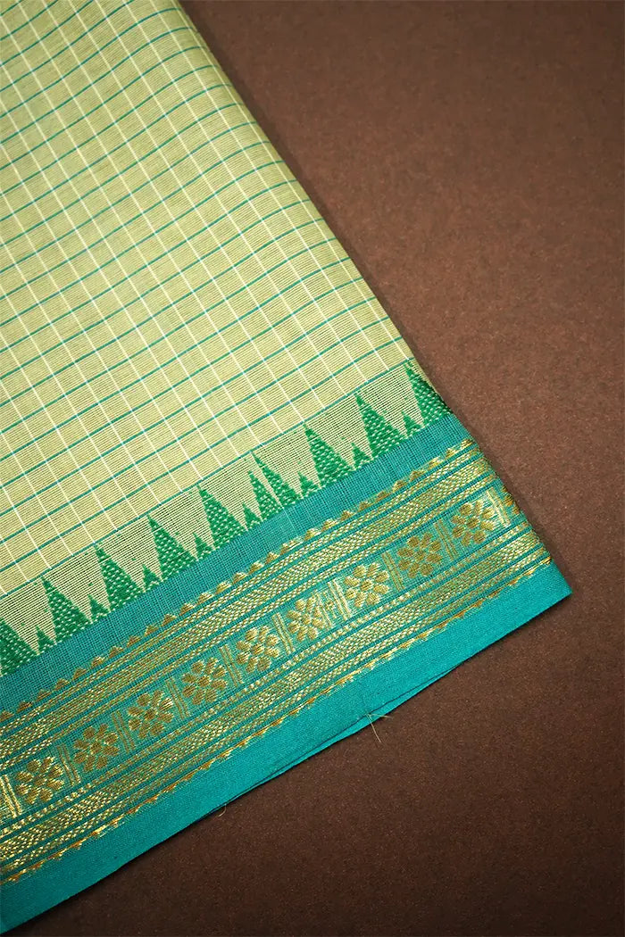 GREEN MIST WITH  GREENISH BLUE KANCHI COTTON SAREE - Queens Jewel Emporium