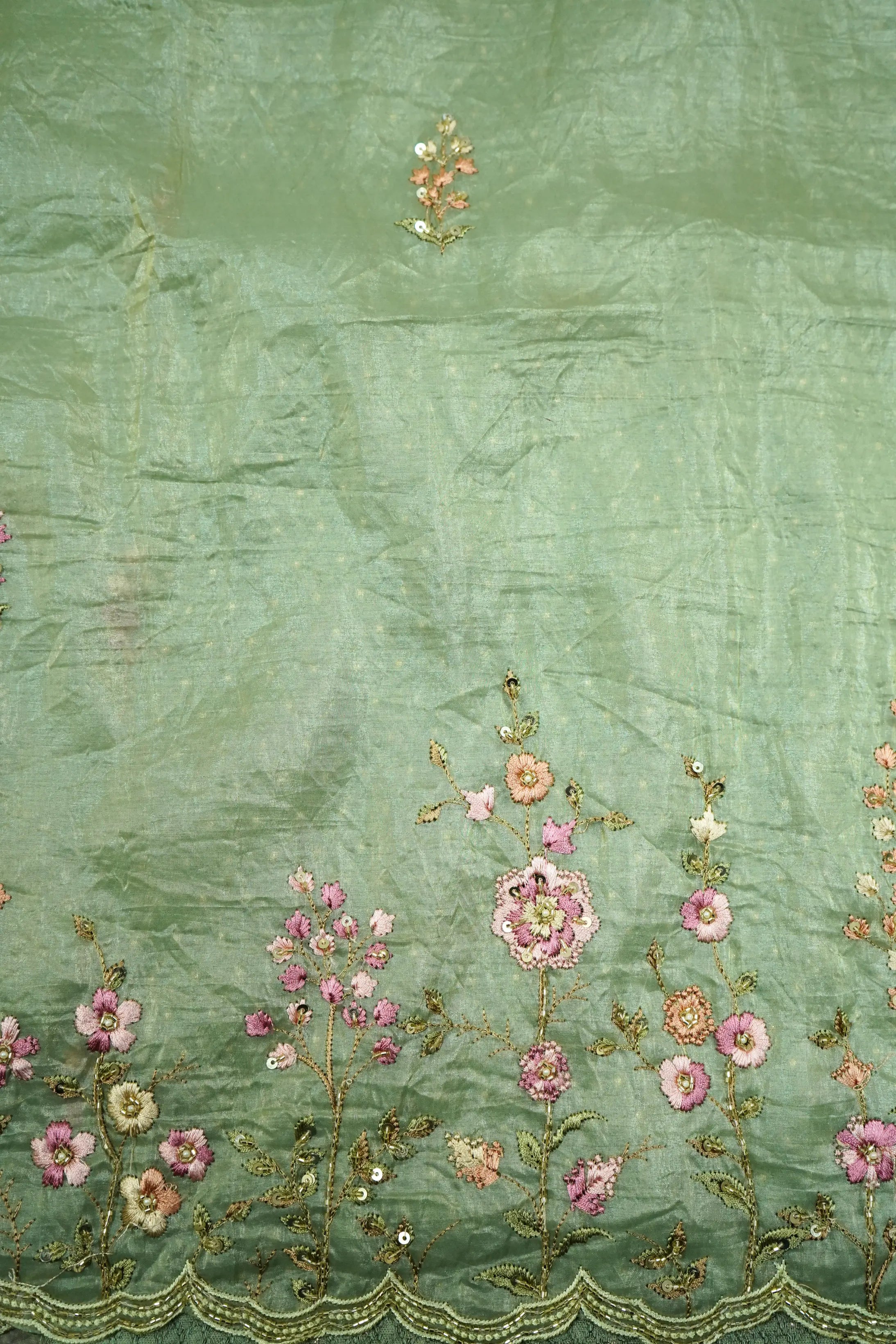 GREEN SMOKE WITH EMBROIDERY BORDER TISSUE SAREE - Queens Jewel Emporium