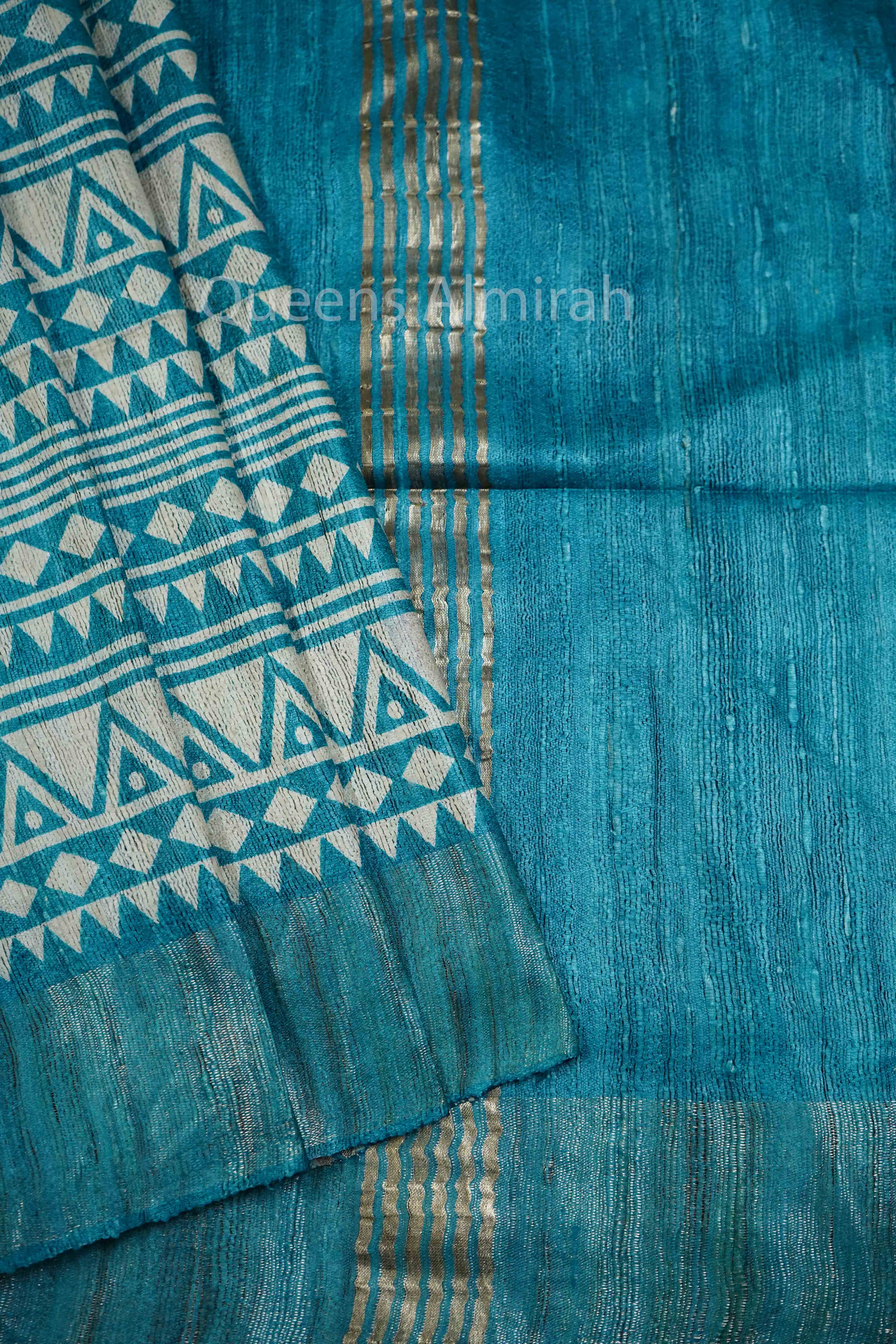 GREENISH BLUE GHICHA TUSSAR SILK SAREE - Queens Jewel Emporium