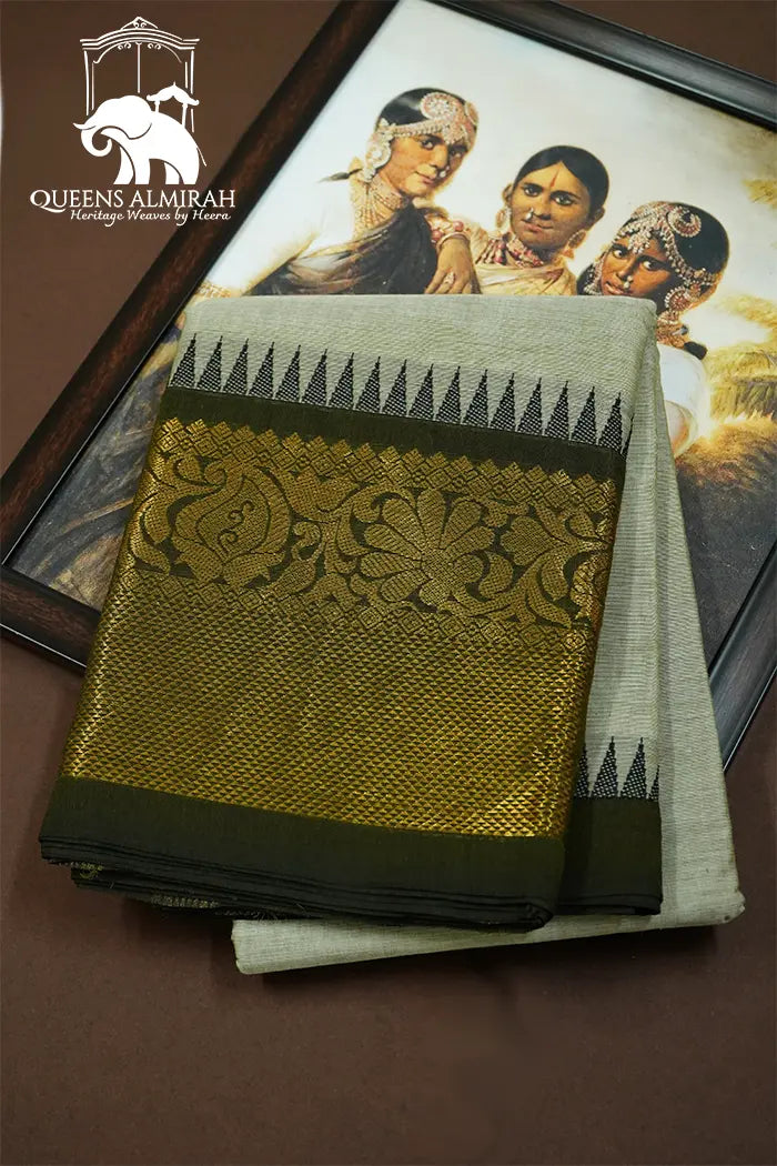 GREENISH GREY WITH BRONZE OLIVE  KANCHI COTTON SAREE - Queens Jewel Emporium