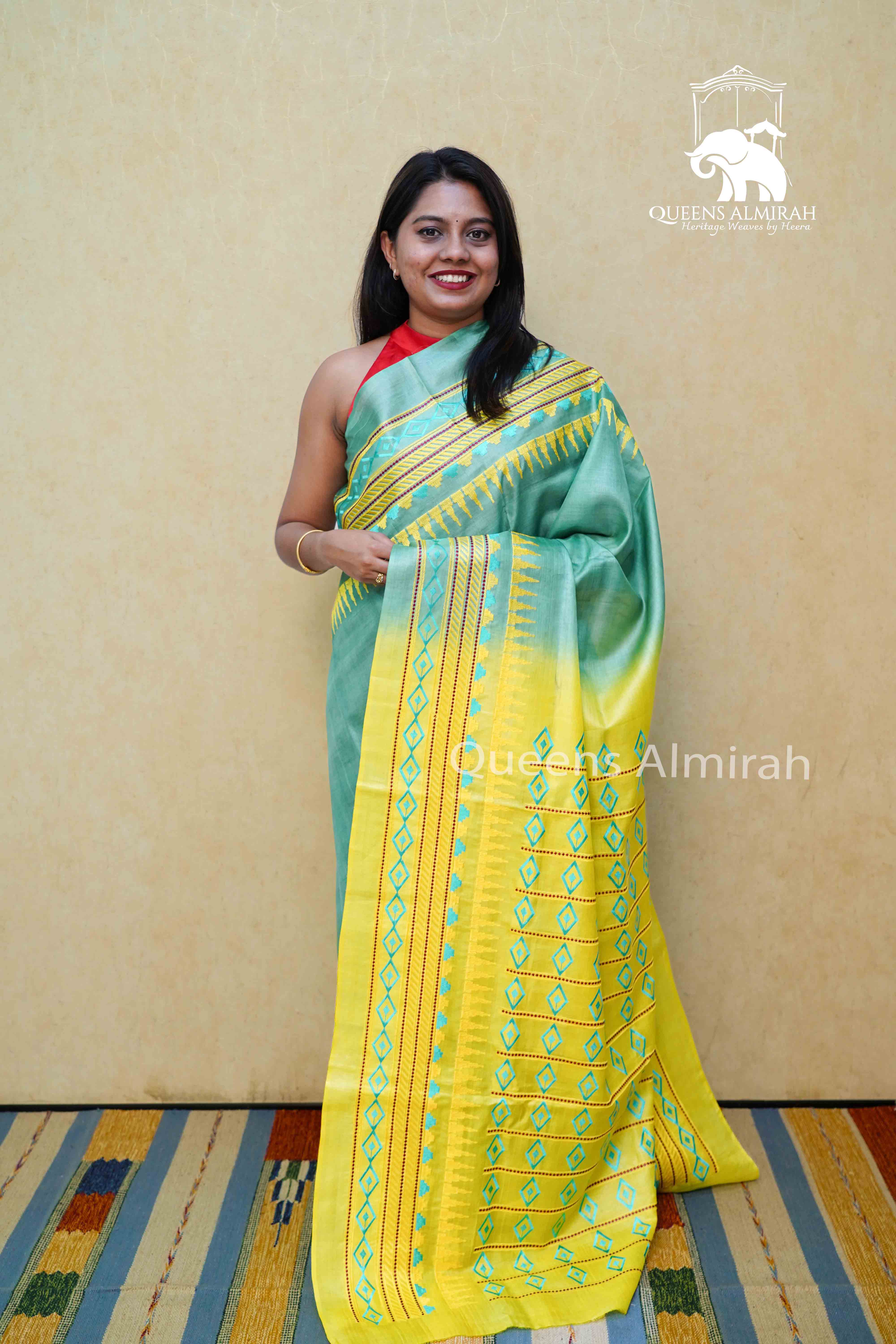 GREENY BLUE OLIVE YELLOW WITH  PURE TUSSAR SILK SAREE - Queens Jewel Emporium