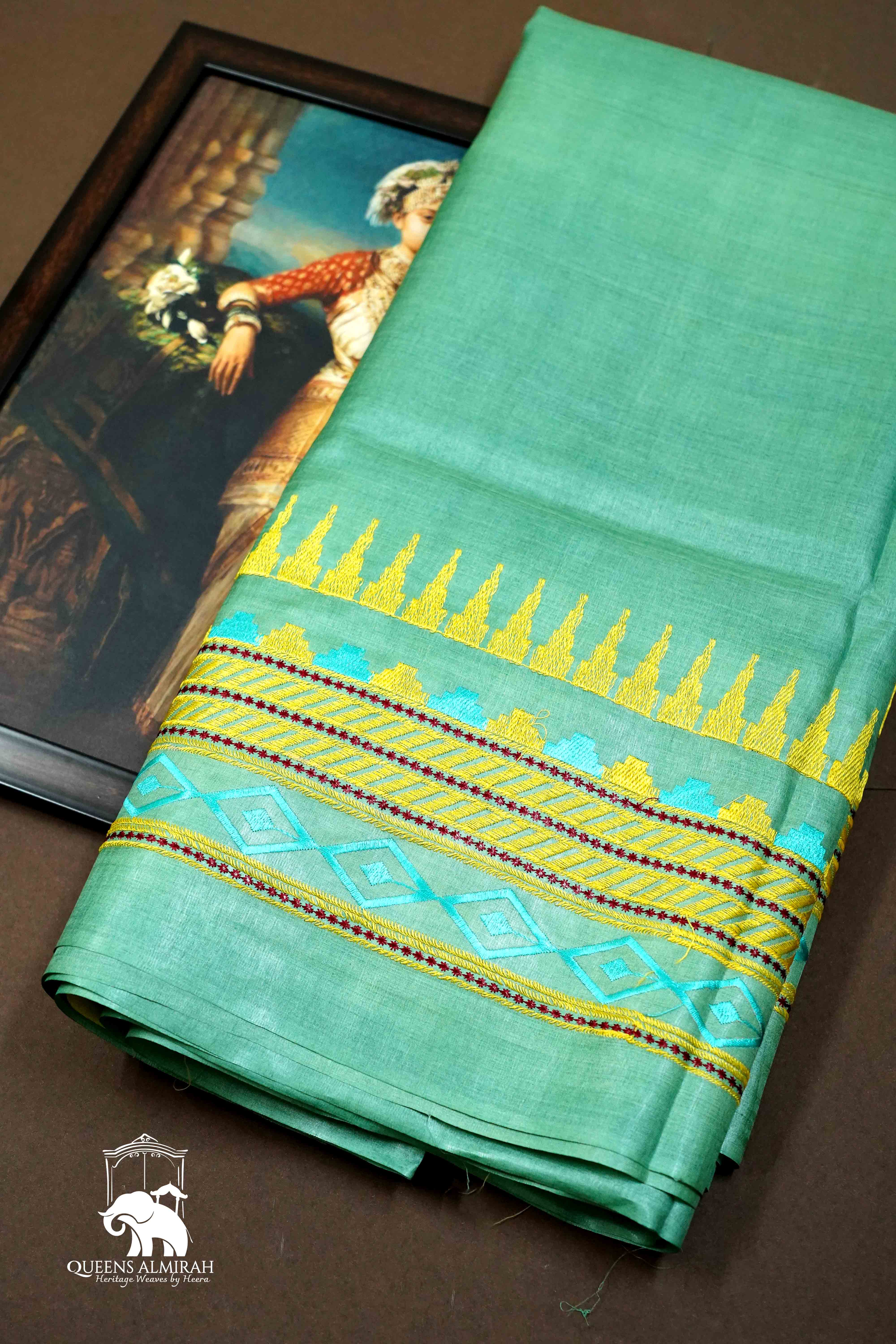 GREENY BLUE OLIVE YELLOW WITH  PURE TUSSAR SILK SAREE - Queens Jewel Emporium