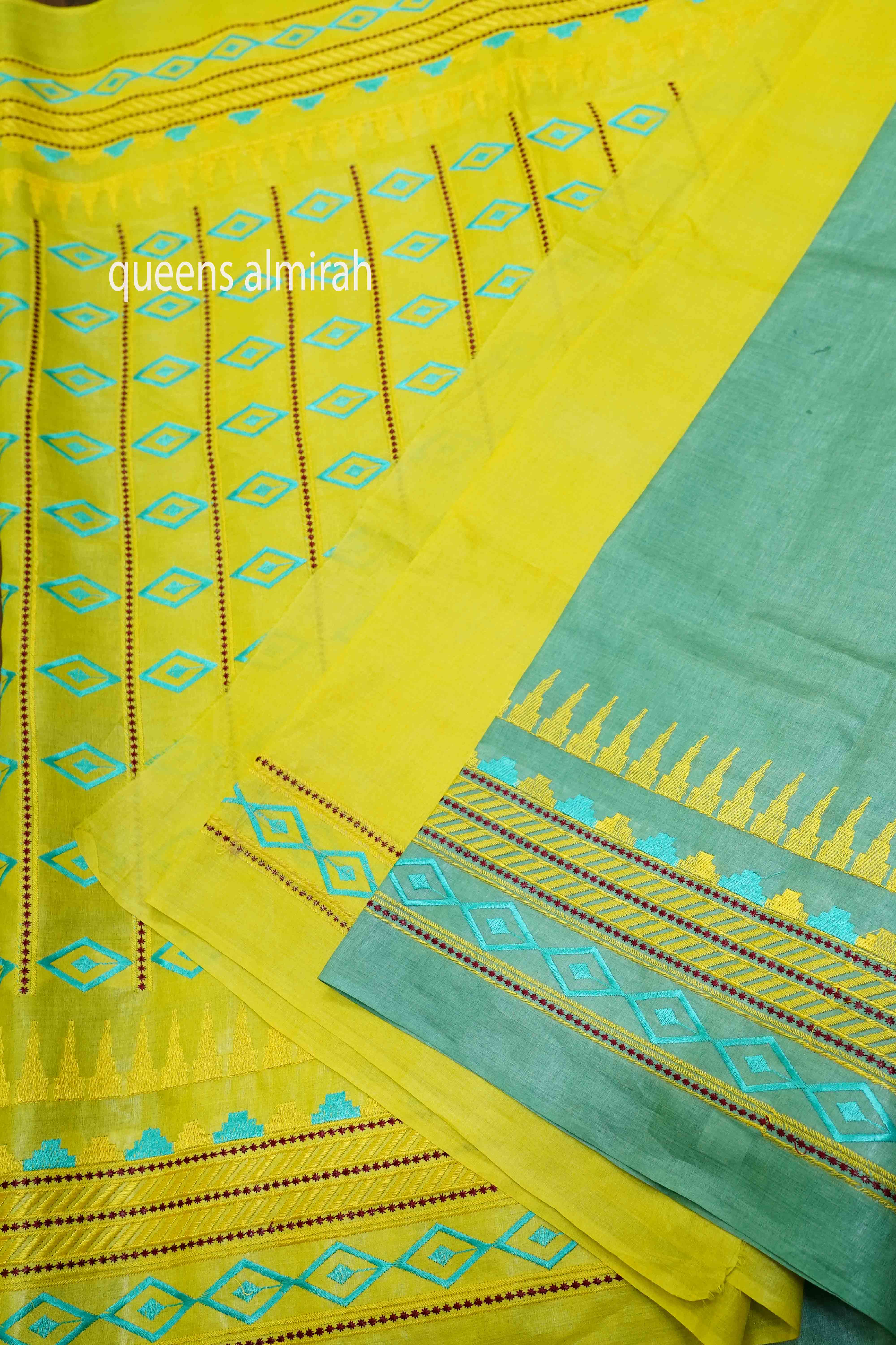 GREENY BLUE OLIVE YELLOW WITH  PURE TUSSAR SILK SAREE - Queens Jewel Emporium