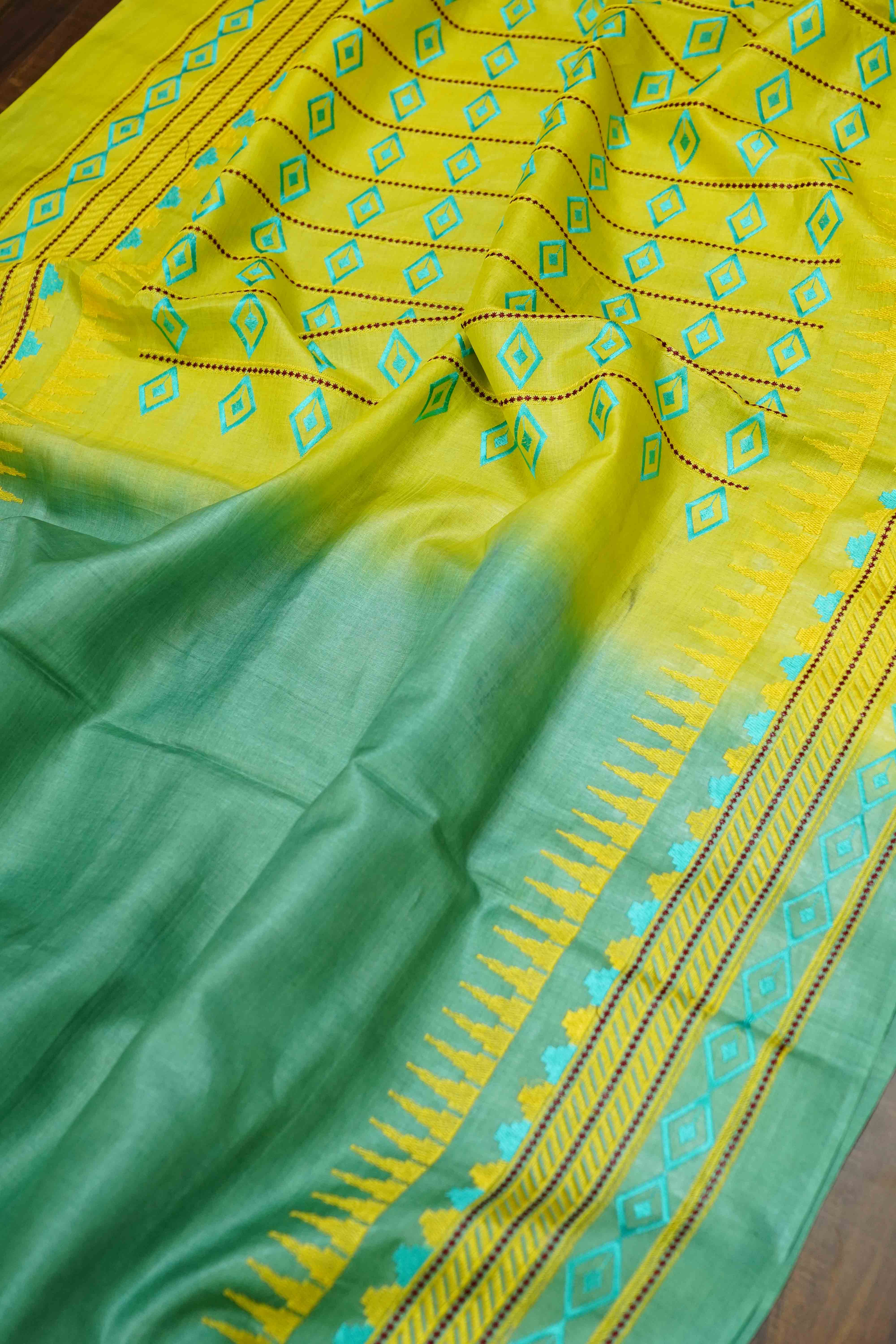GREENY BLUE OLIVE YELLOW WITH  PURE TUSSAR SILK SAREE - Queens Jewel Emporium