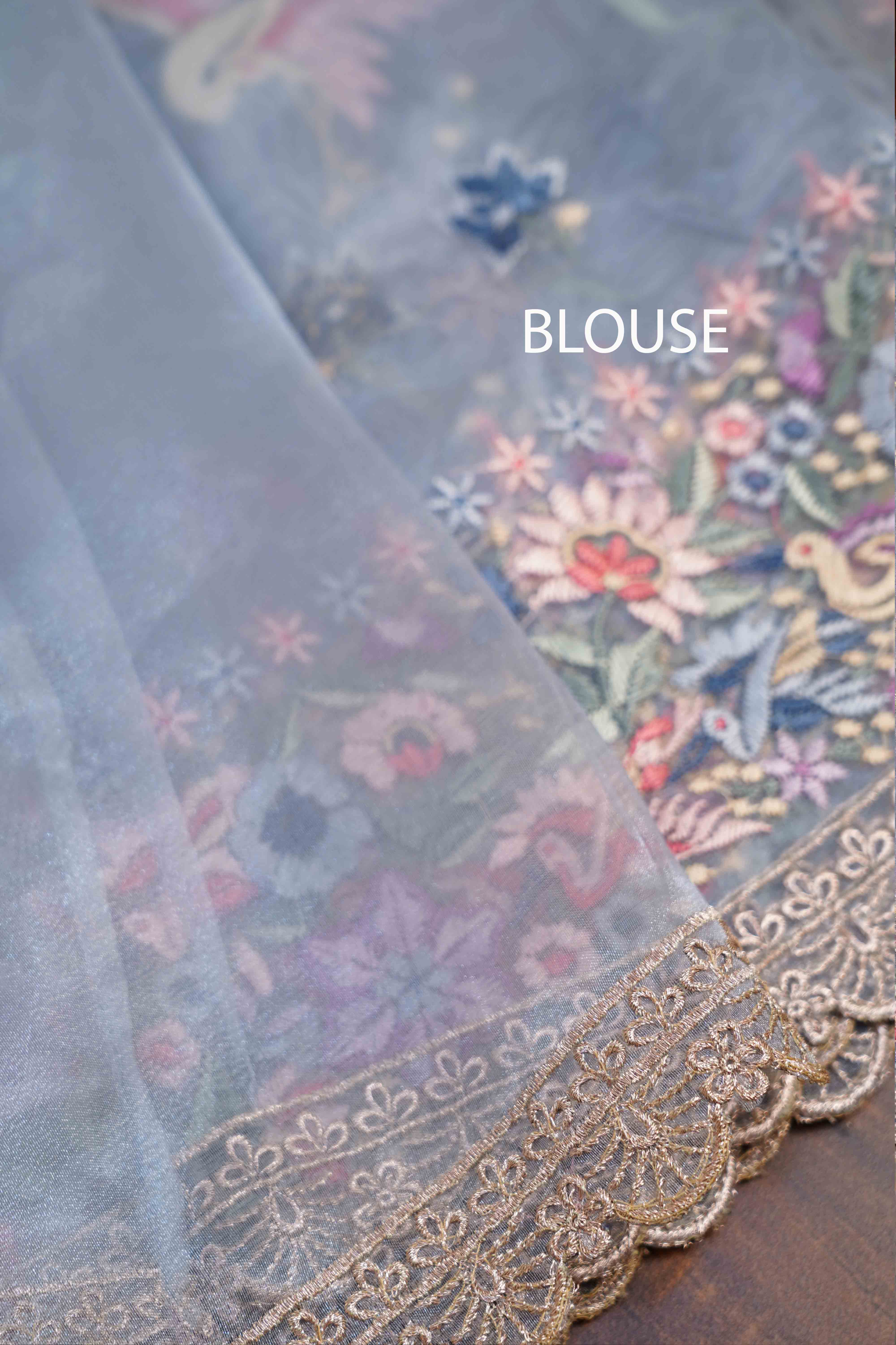 GREY BLUE SILK ORGANZA SAREE - Queens Jewel Emporium