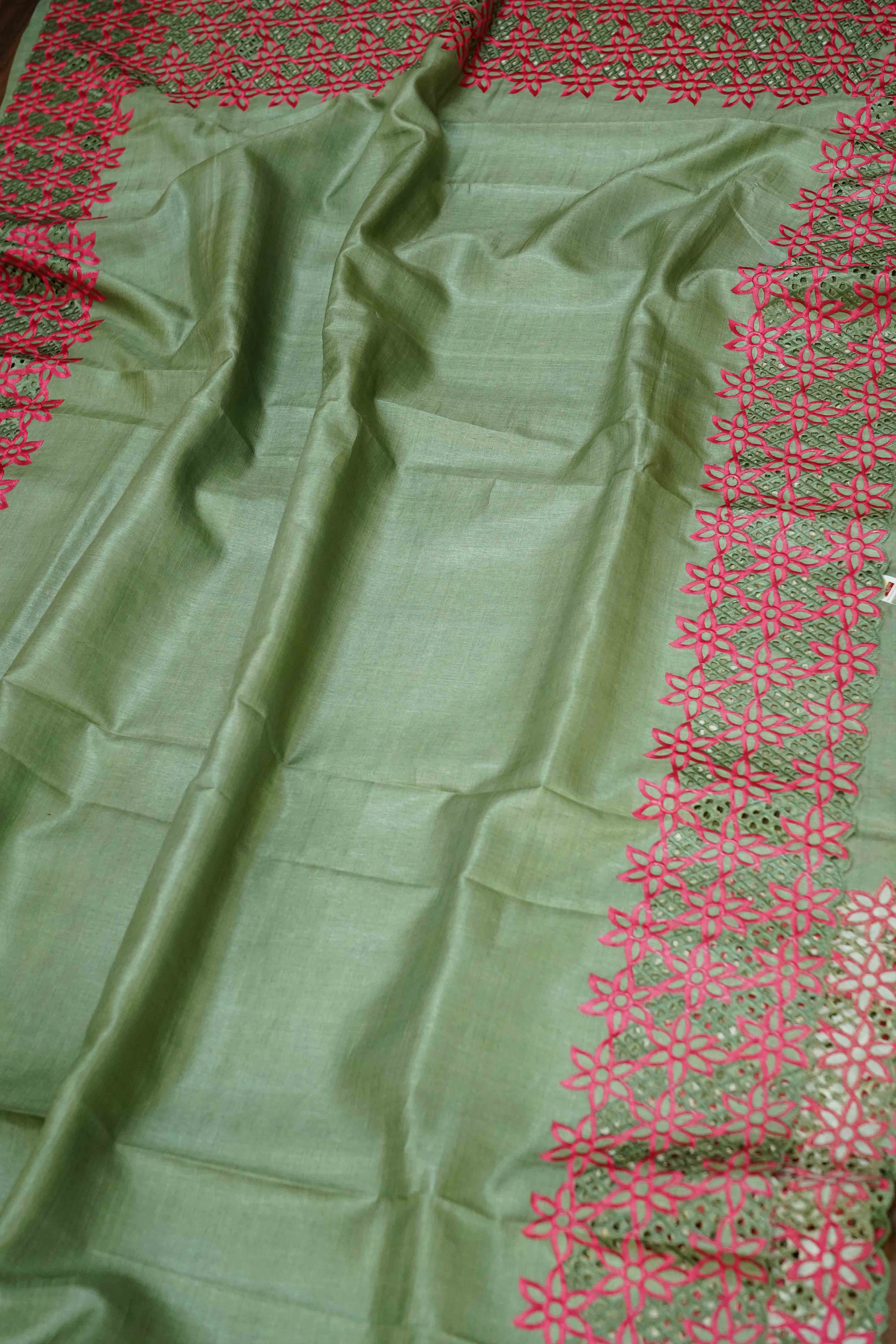 GREY GREEN  PURE TUSSAR SILK SAREE - Queens Jewel Emporium