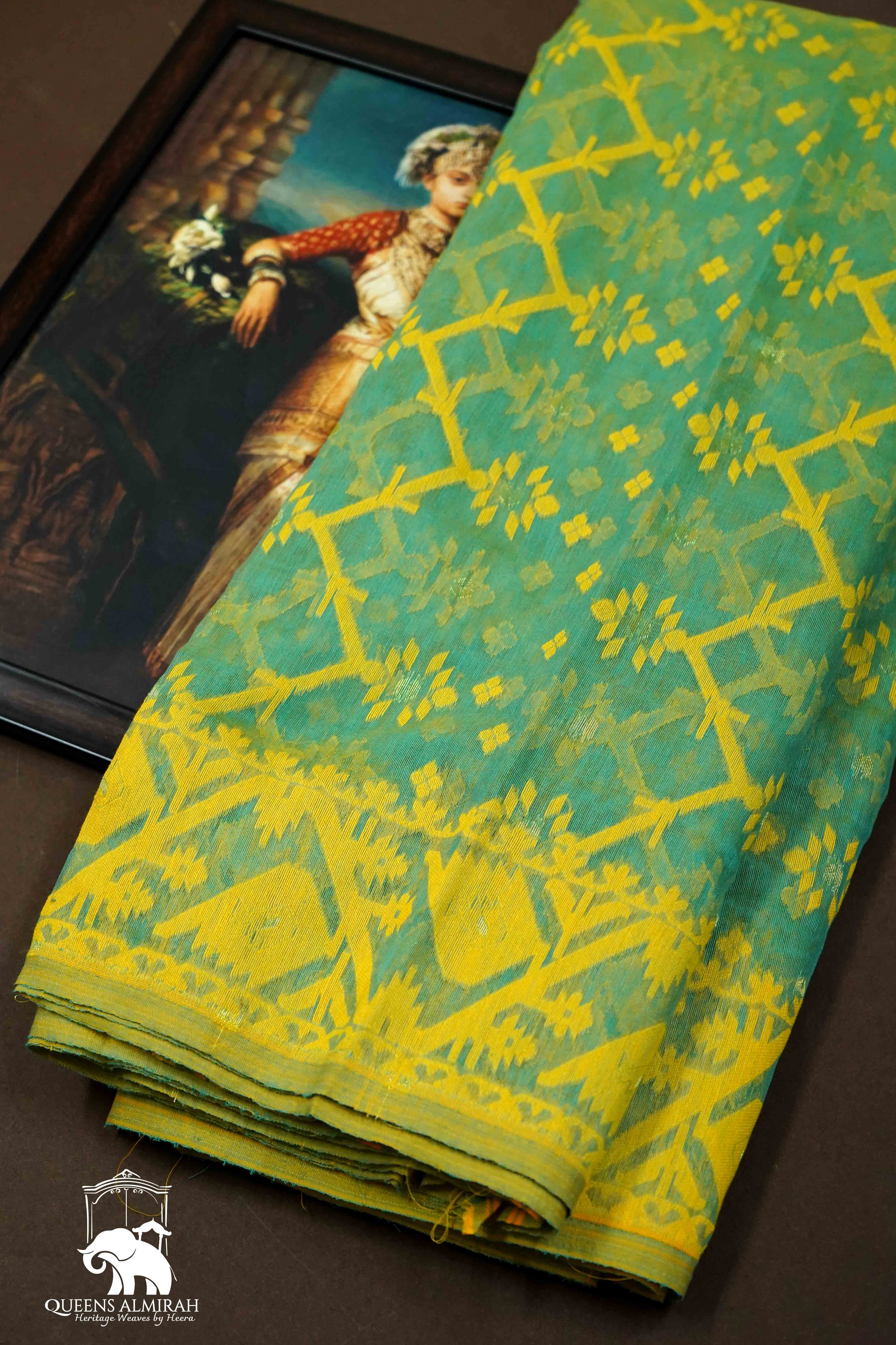 GREY GREEN WITH BURNT YELLOW JAMDANI COTTON SAREE - Queens Jewel Emporium