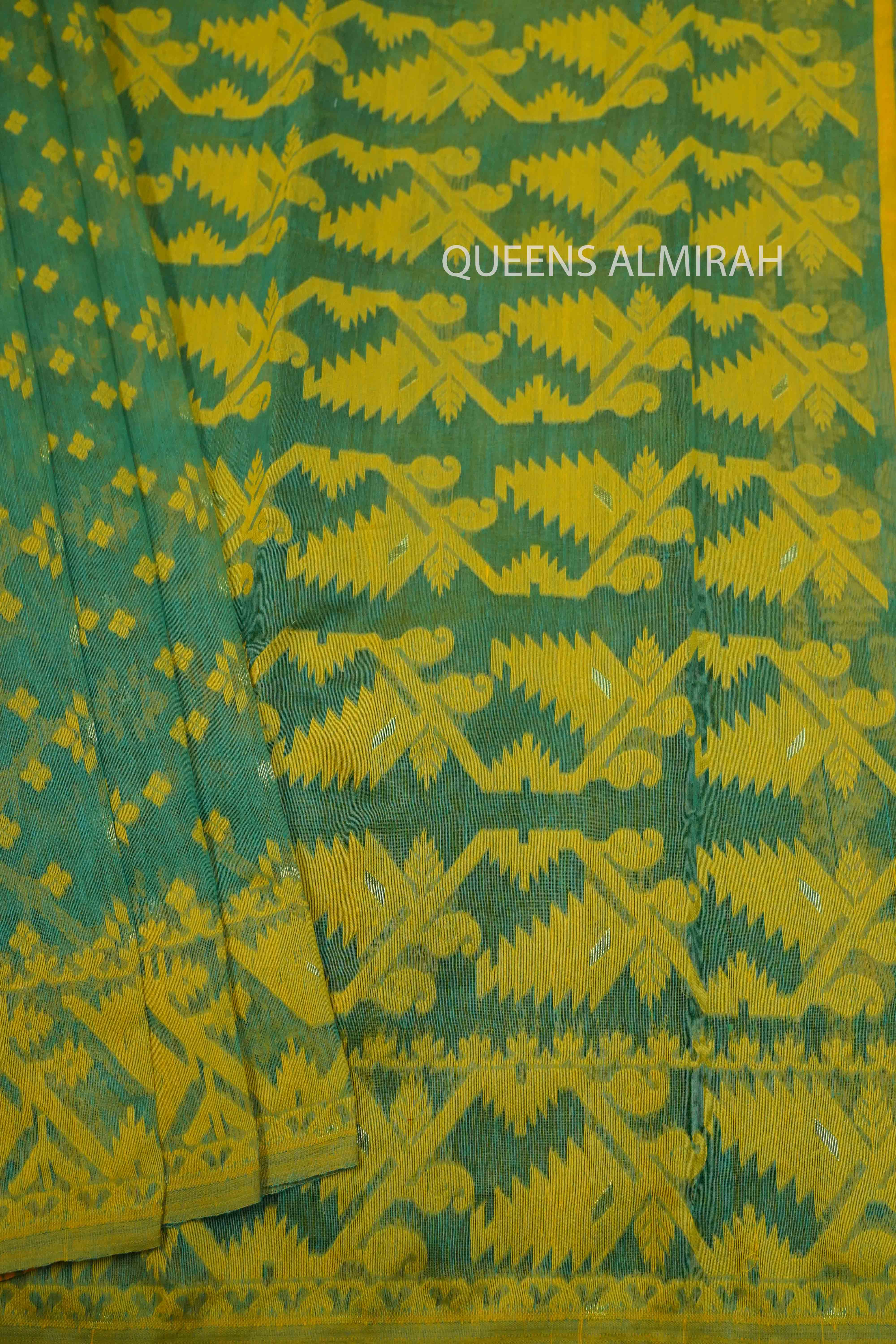 GREY GREEN WITH BURNT YELLOW JAMDANI COTTON SAREE - Queens Jewel Emporium