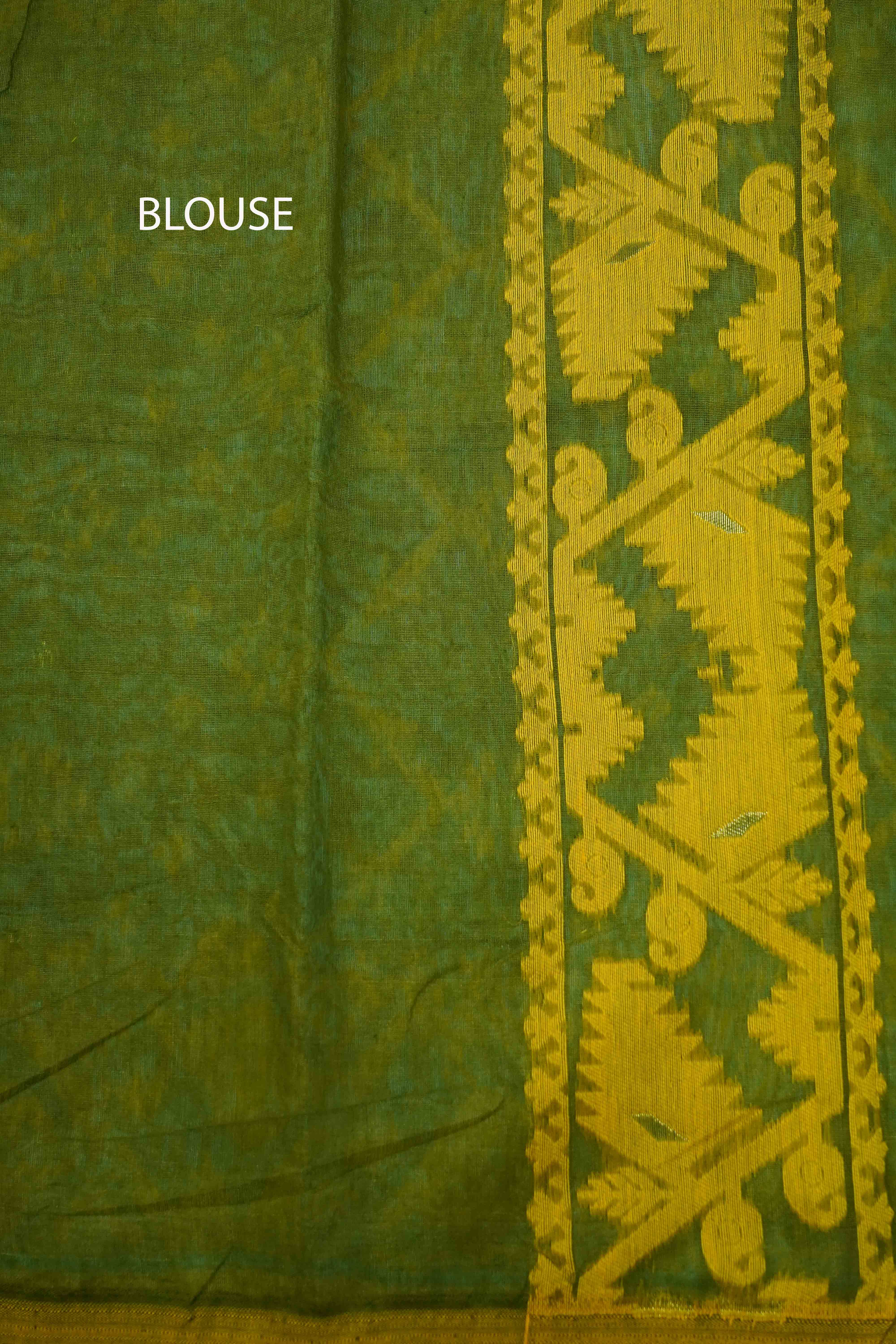GREY GREEN WITH BURNT YELLOW JAMDANI COTTON SAREE - Queens Jewel Emporium