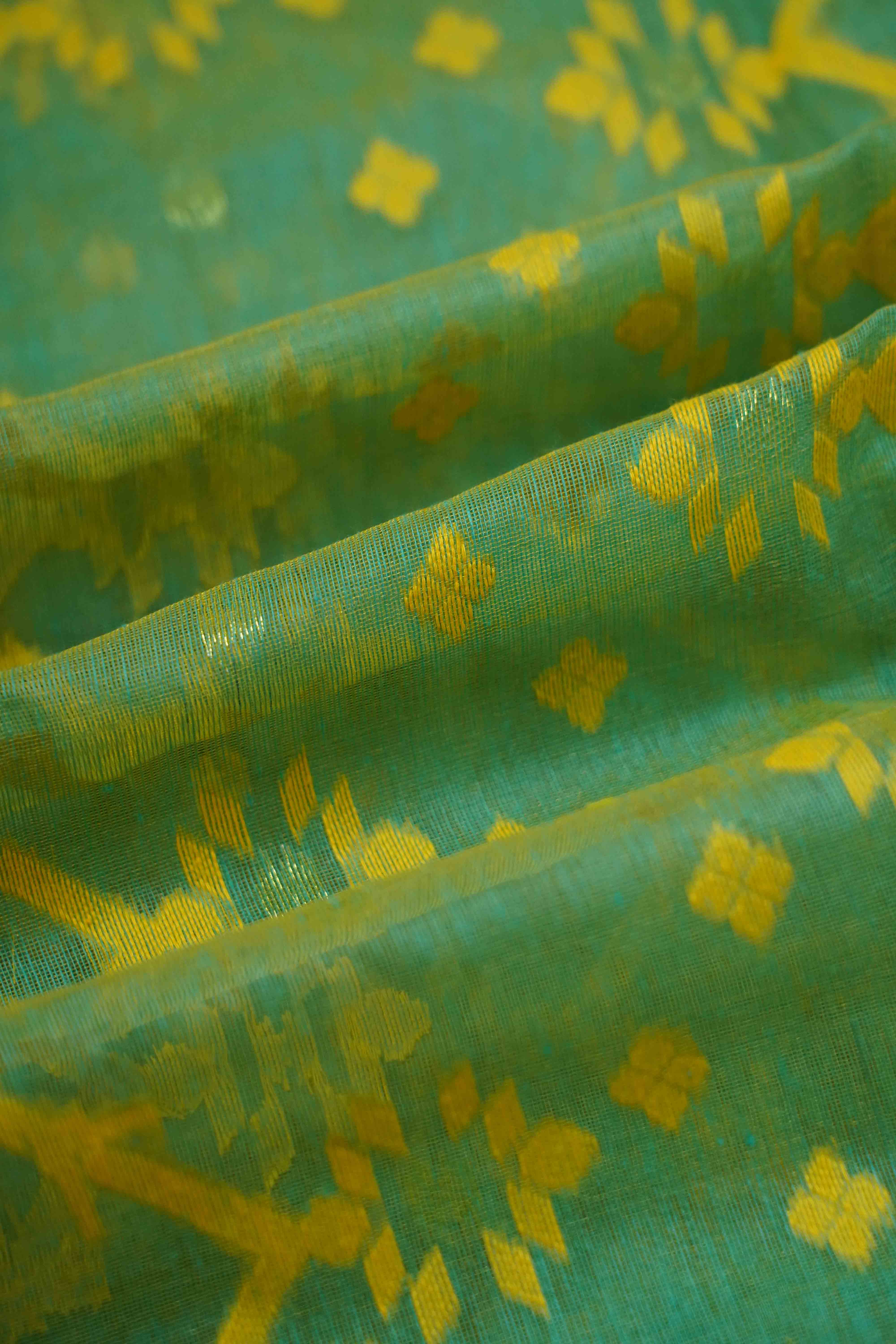 GREY GREEN WITH BURNT YELLOW JAMDANI COTTON SAREE - Queens Jewel Emporium
