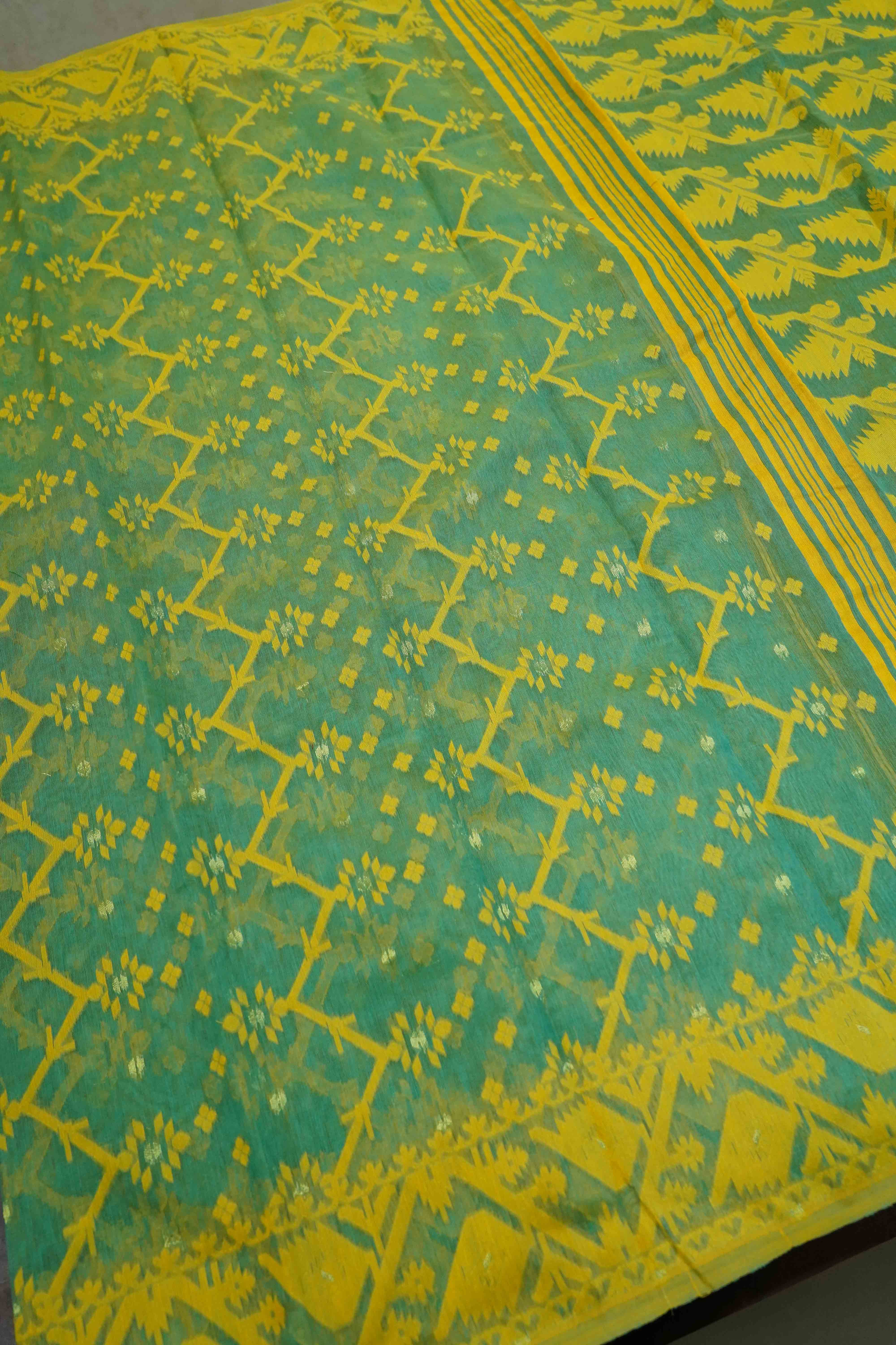GREY GREEN WITH BURNT YELLOW JAMDANI COTTON SAREE - Queens Jewel Emporium