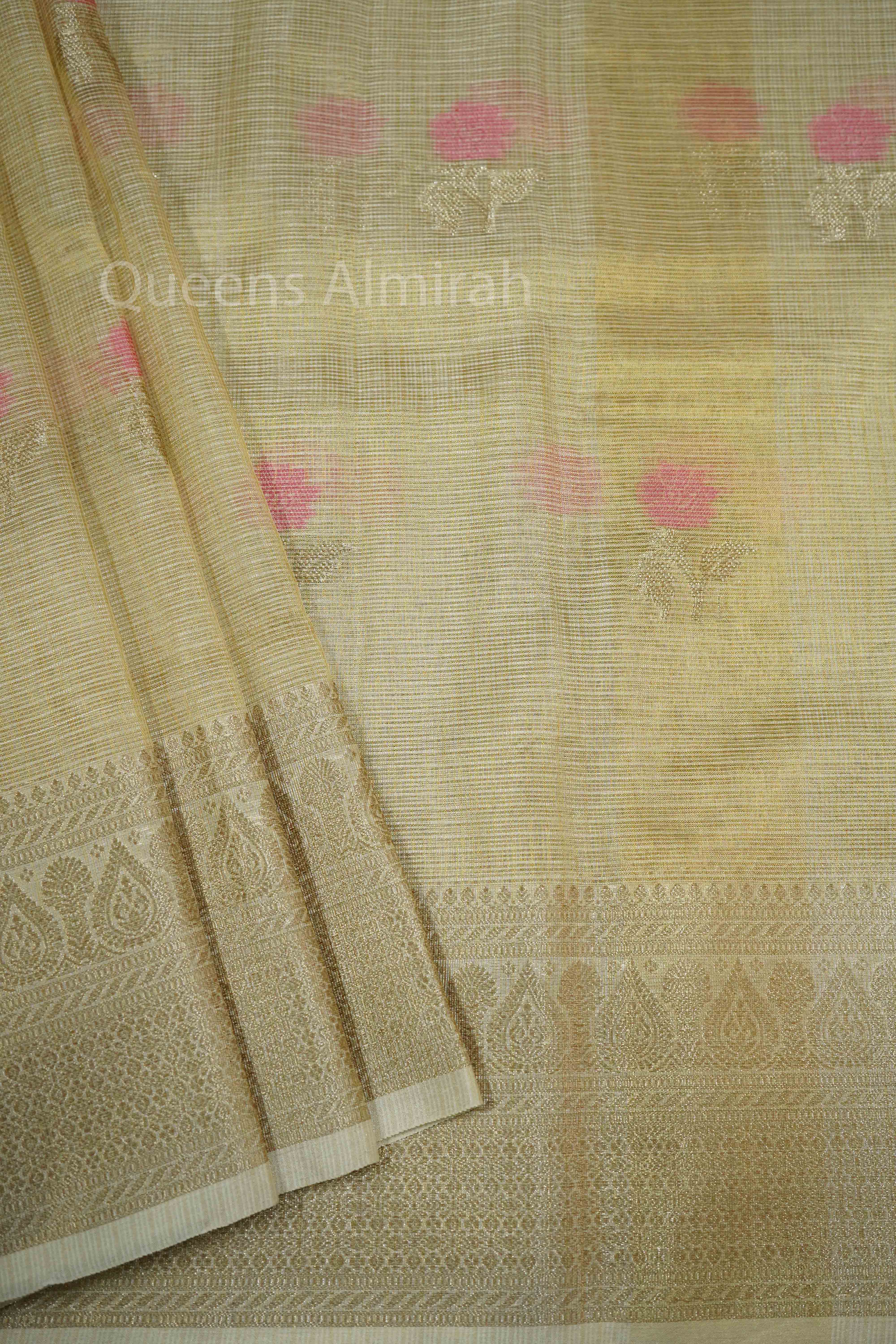 GREY OLIVE HALF PURE  KOTA SILK SAREE - Queens Jewel Emporium