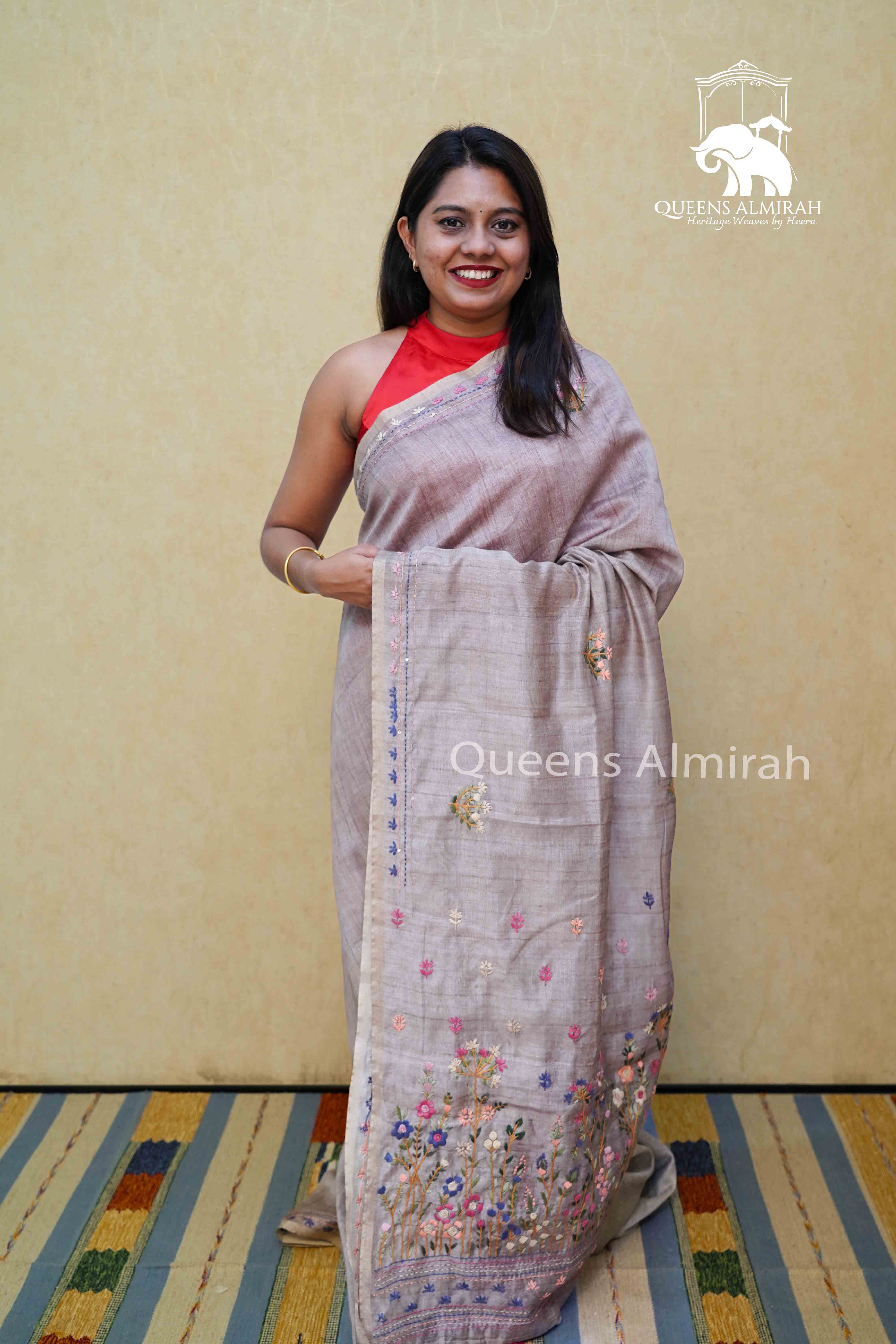 GREY OLIVE TUSSAR CHANDERI SAREE - Queens Jewel Emporium
