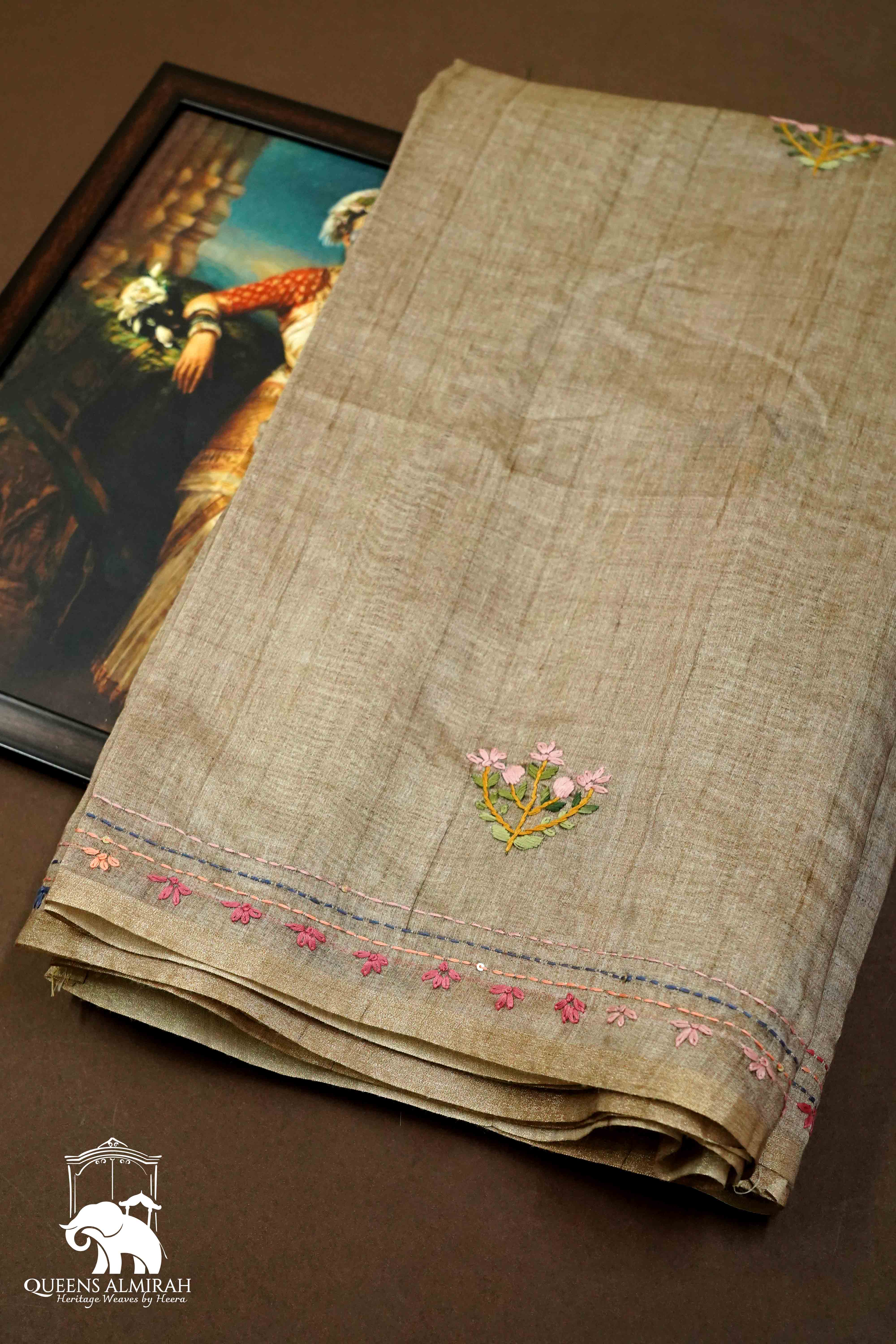 GREY OLIVE TUSSAR CHANDERI SAREE - Queens Jewel Emporium