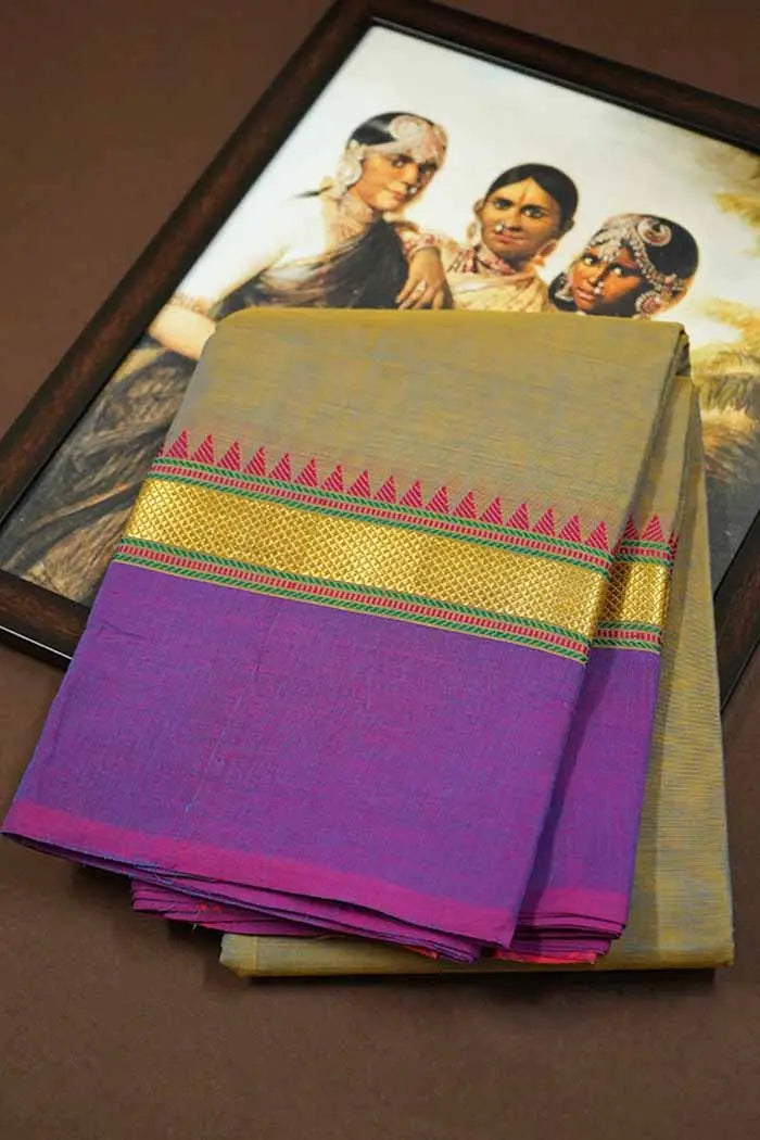 GREY OLIVE WITH DARK LAVENDER KANCHI COTTON SAREE - Queens Jewel Emporium