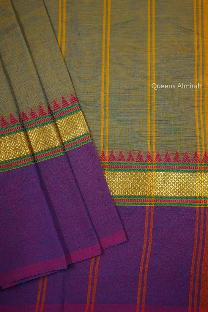 GREY OLIVE WITH DARK LAVENDER KANCHI COTTON SAREE - Queens Jewel Emporium
