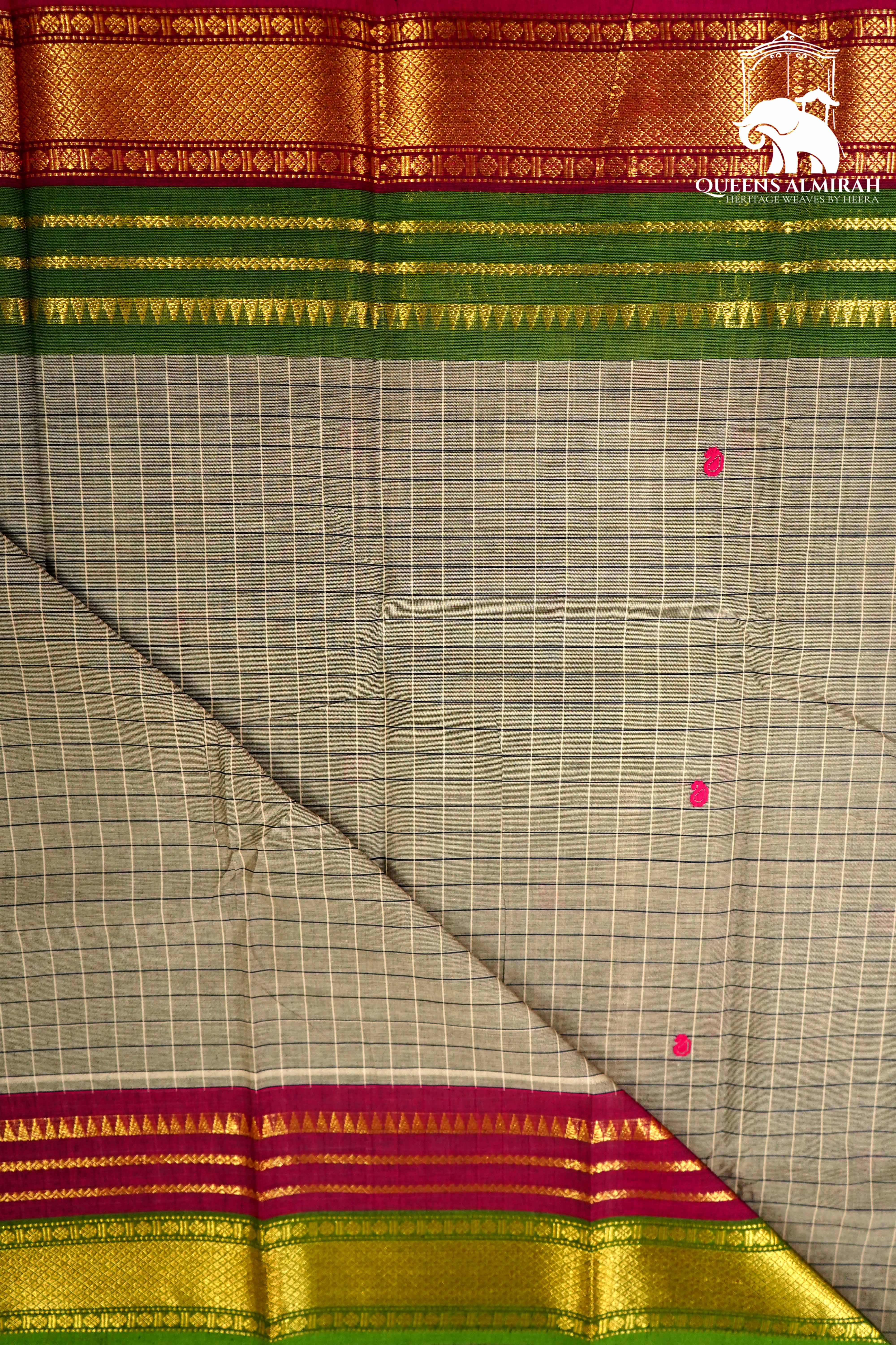 GREY OLIVE WITH GREEN & BERRY PINK KANCHI COTTON SAREE - Queens Jewel Emporium