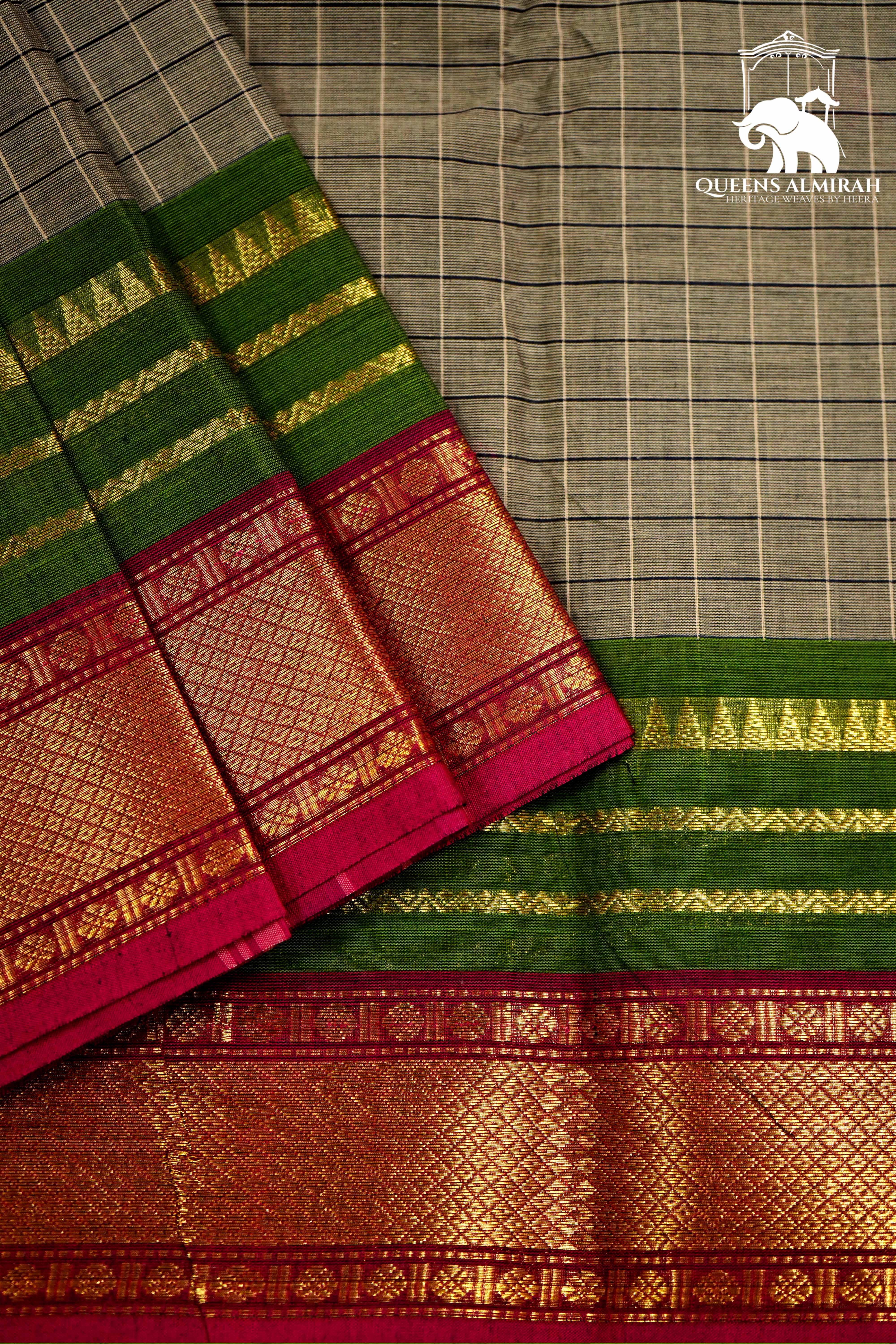 GREY OLIVE WITH GREEN & BERRY PINK KANCHI COTTON SAREE - Queens Jewel Emporium