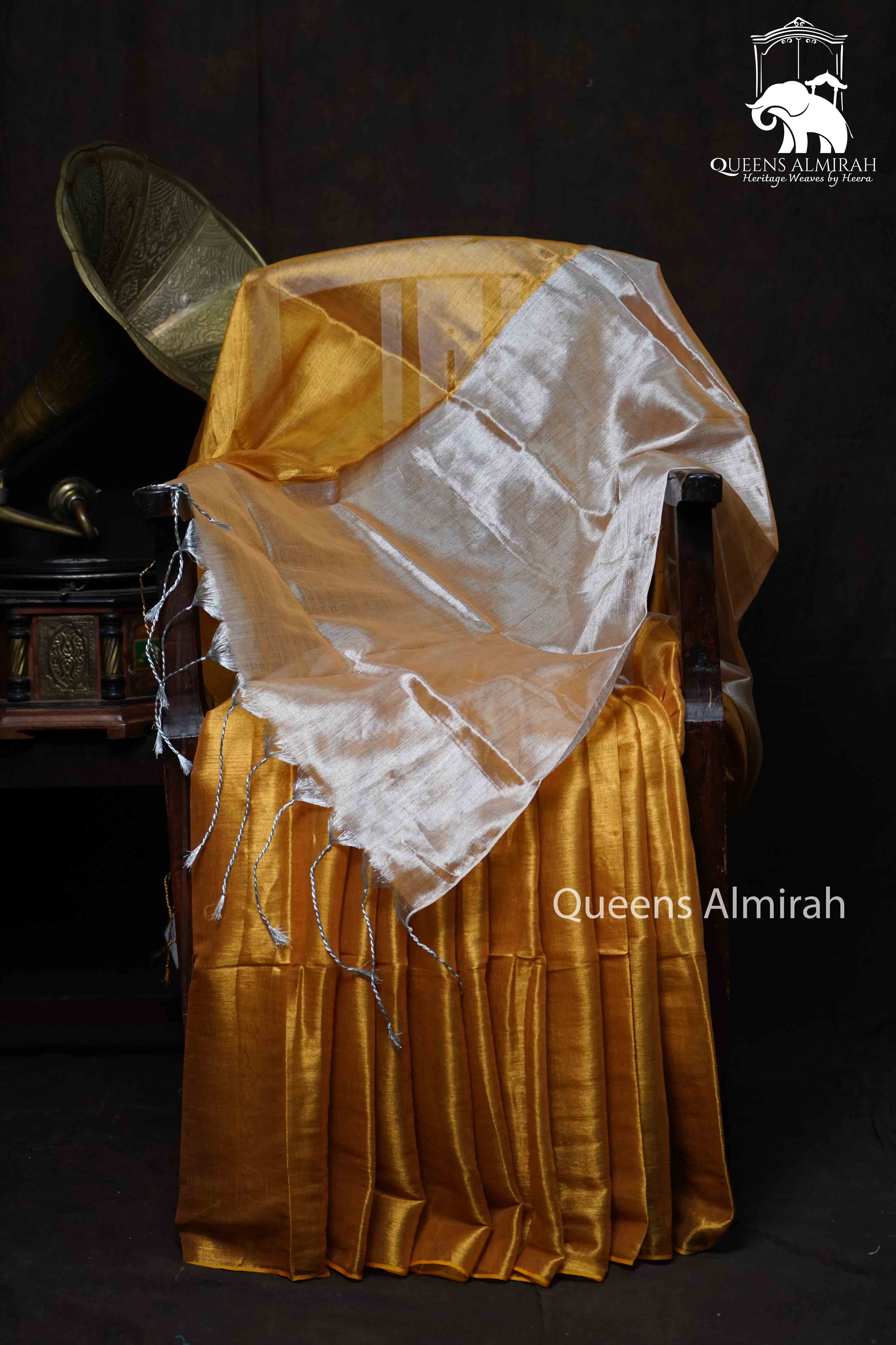GREY OLIVE WITH YELLOW LINEN TISSUE SAREE - Queens Jewel Emporium