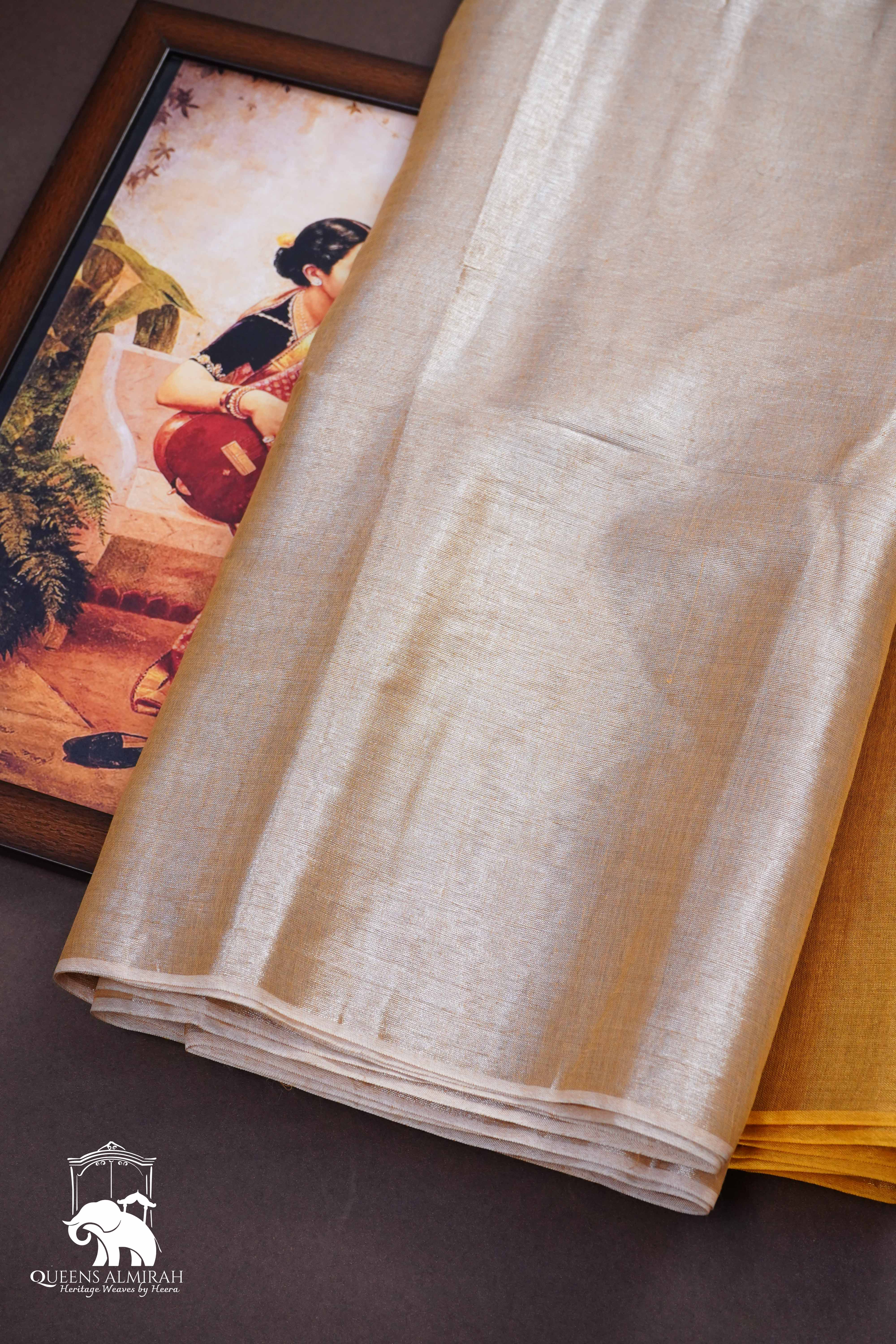 GREY OLIVE WITH YELLOW LINEN TISSUE SAREE - Queens Jewel Emporium