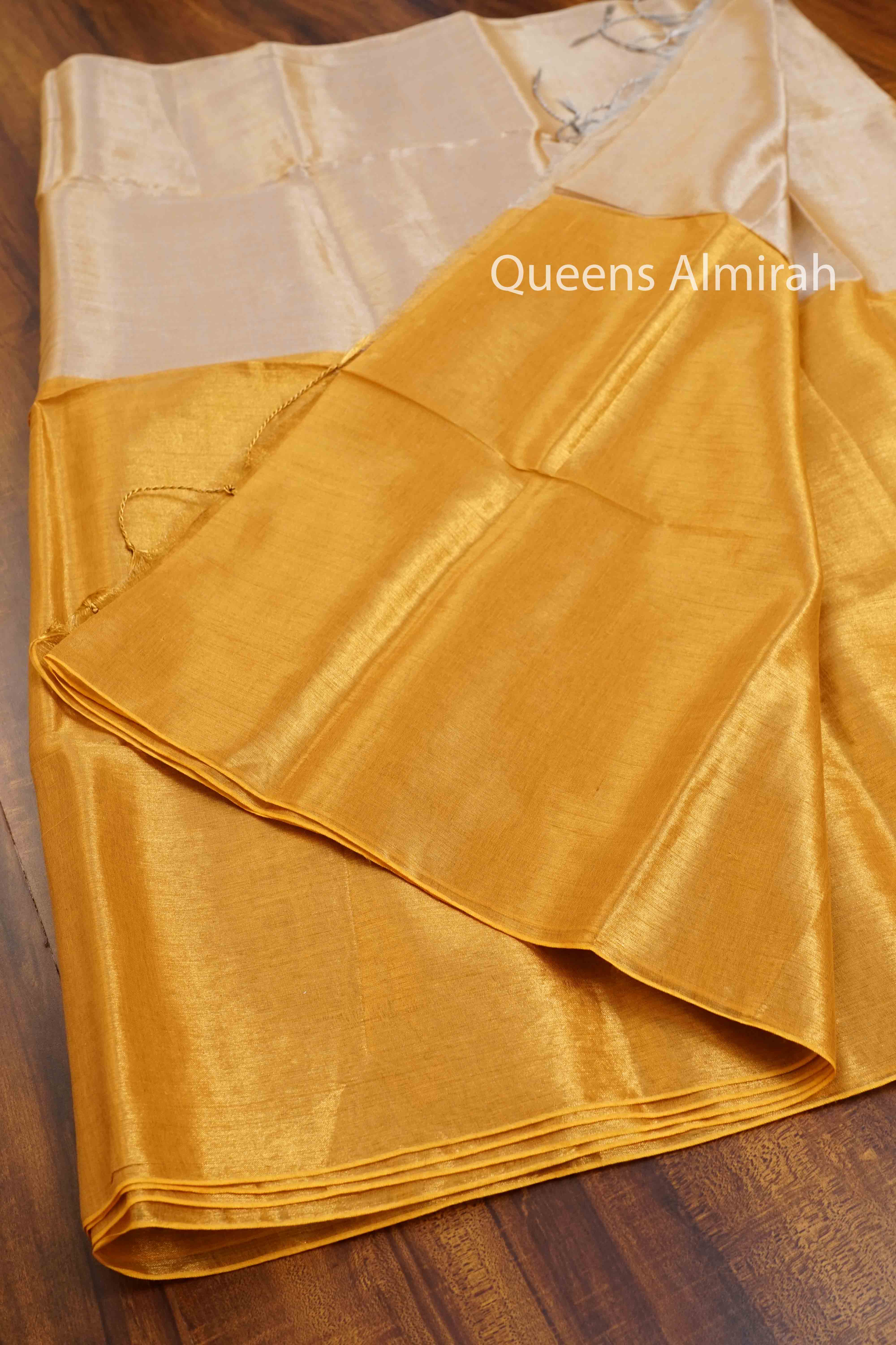 GREY OLIVE WITH YELLOW LINEN TISSUE SAREE - Queens Jewel Emporium