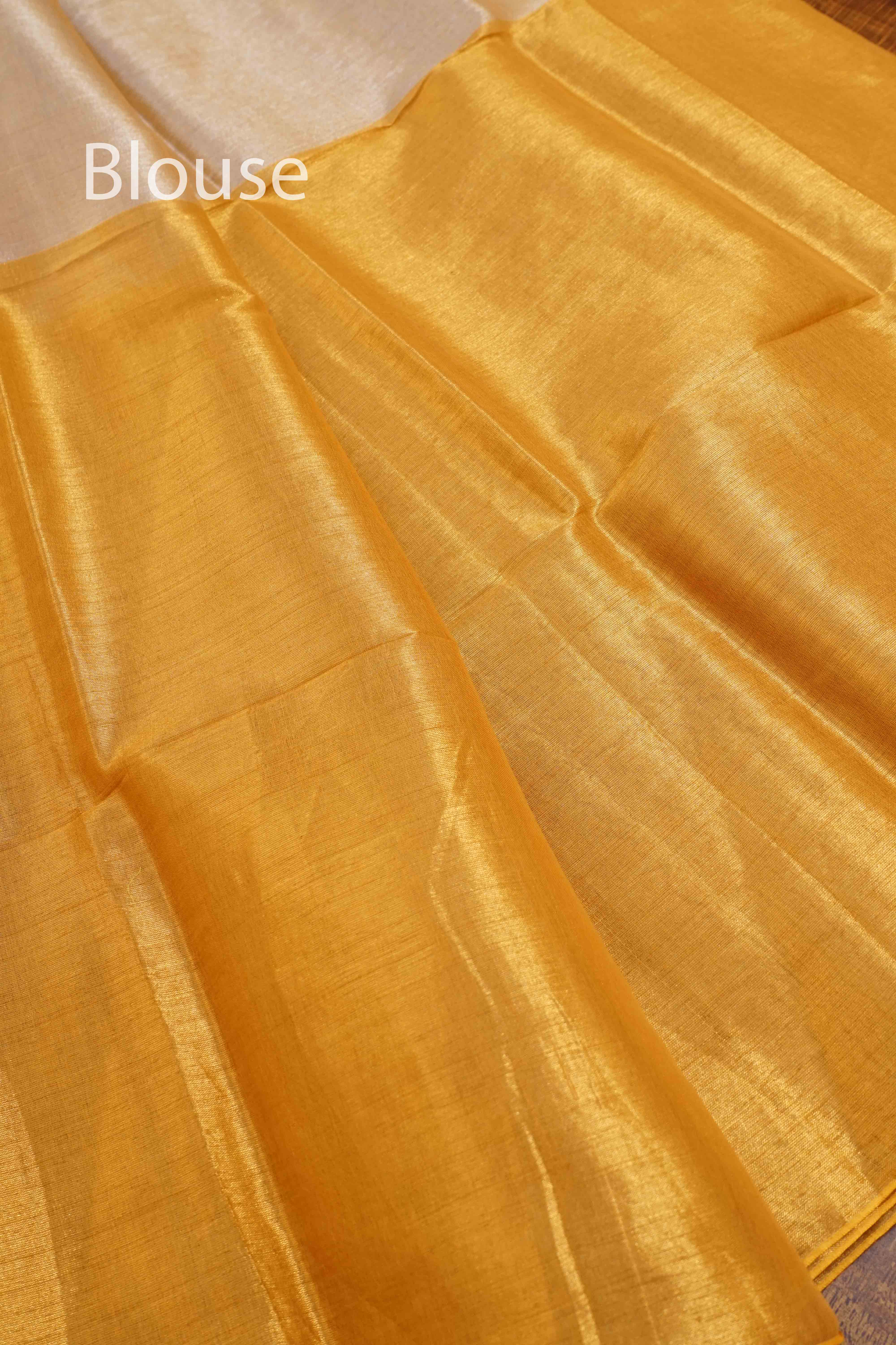GREY OLIVE WITH YELLOW LINEN TISSUE SAREE - Queens Jewel Emporium