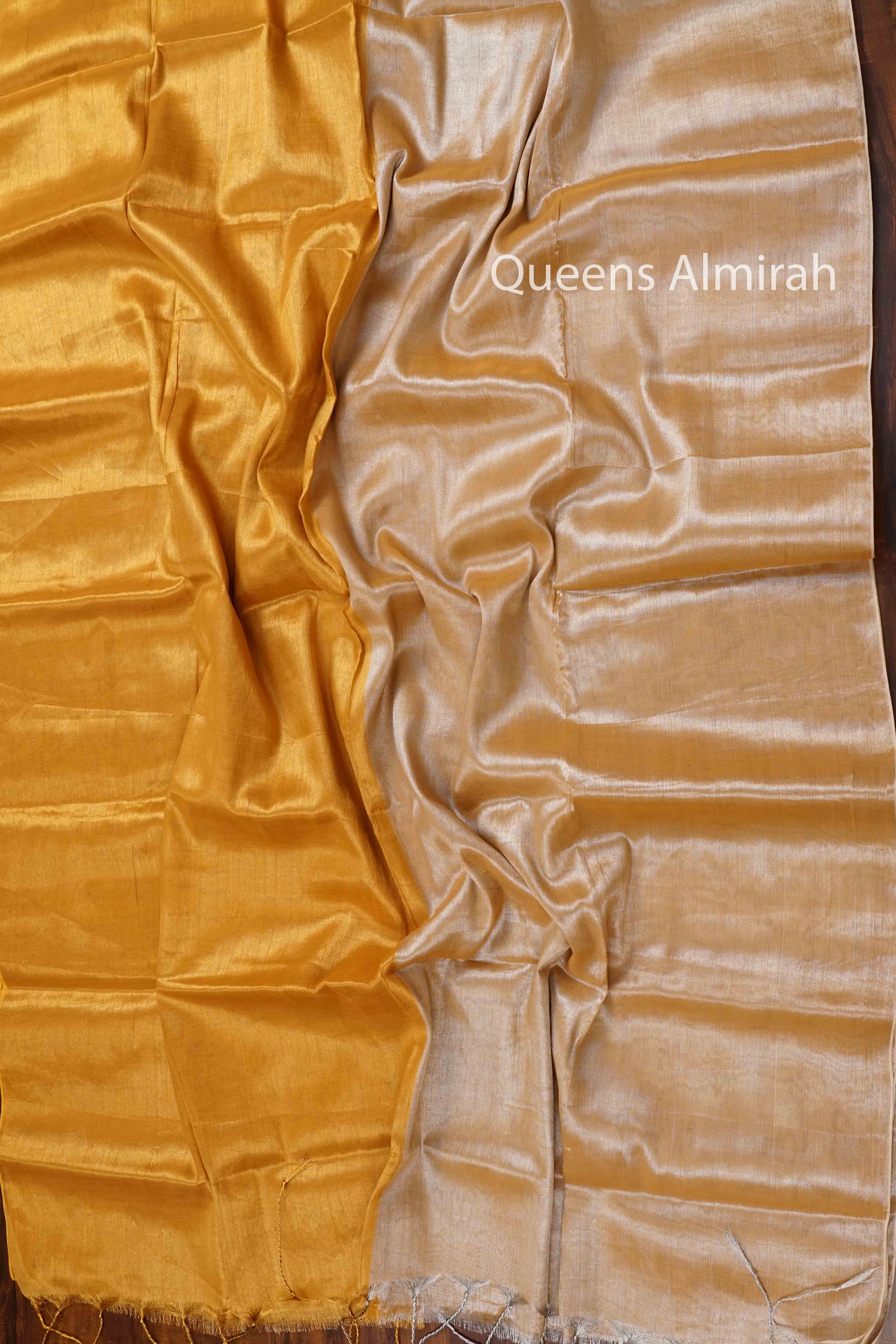 GREY OLIVE WITH YELLOW LINEN TISSUE SAREE - Queens Jewel Emporium