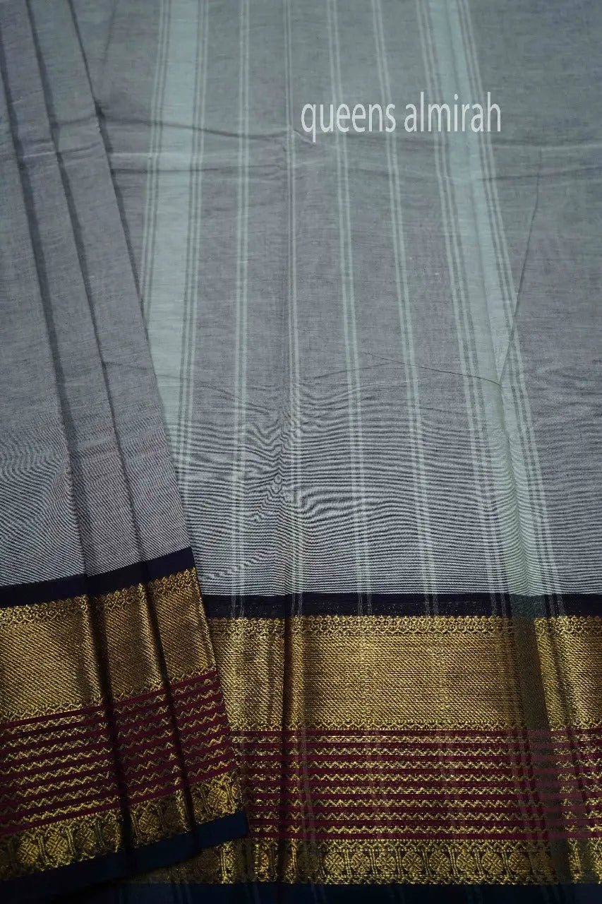 GREY WITH BLUE CHARCOAL KANCHI COTTON SAREE - Queens Jewel Emporium