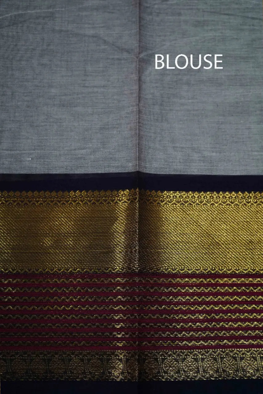 GREY WITH BLUE CHARCOAL KANCHI COTTON SAREE - Queens Jewel Emporium
