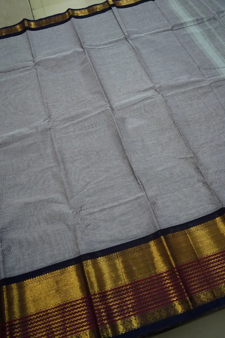 GREY WITH BLUE CHARCOAL KANCHI COTTON SAREE - Queens Jewel Emporium