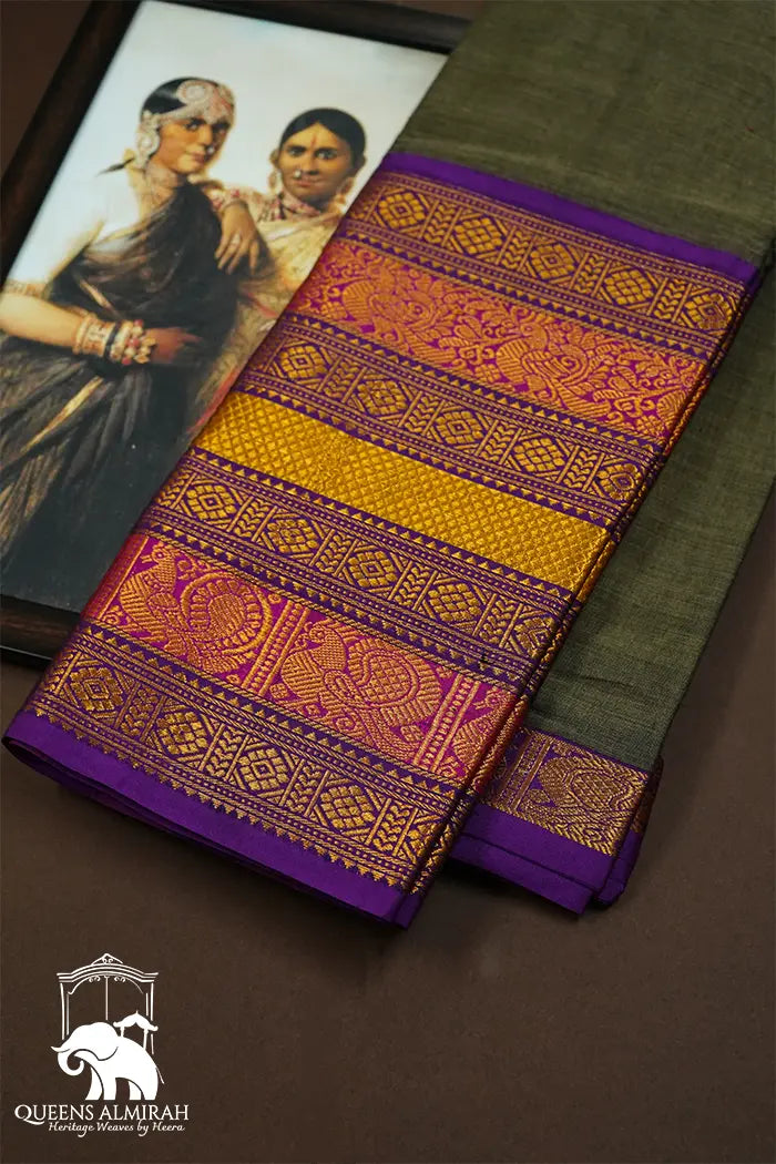 GREY WITH LONG MULTI COLOUR ZARI BORDER NARAYANPET COTTON SAREE - Queens Jewel Emporium