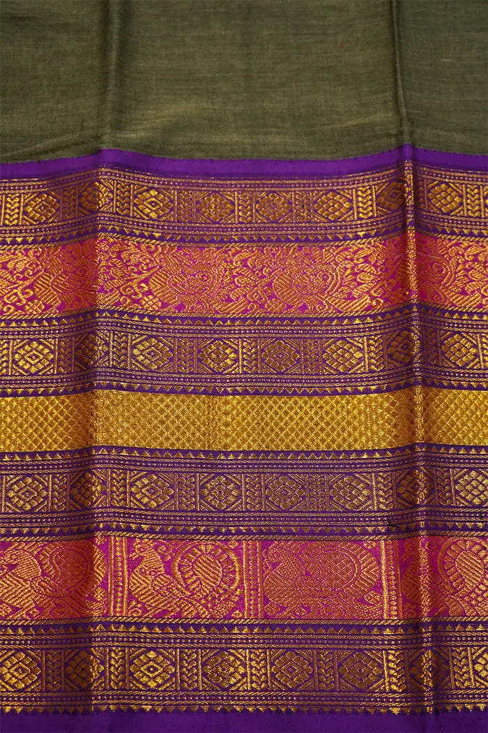 GREY WITH LONG MULTI COLOUR ZARI BORDER NARAYANPET COTTON SAREE - Queens Jewel Emporium