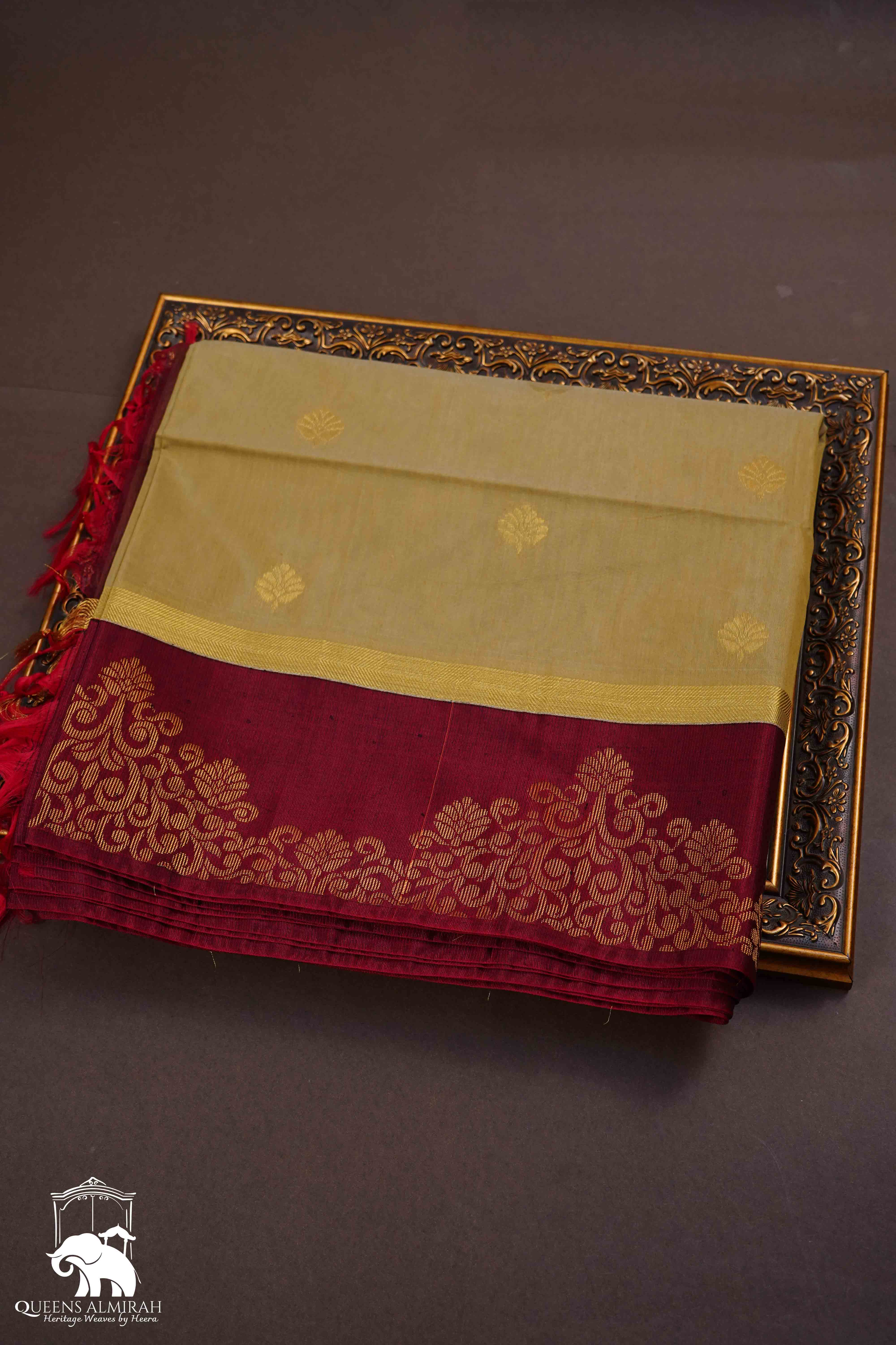 GREY WITH WINE RED PURE SILK COTTON SAREE - Queens Jewel Emporium