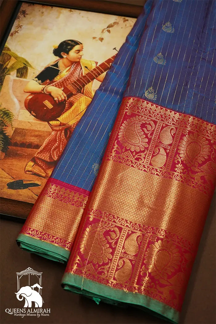 GREYISH BLUE WITH DUUSKY ROSE MANGALGIRI GADWAL SAREE - Queens Jewel Emporium