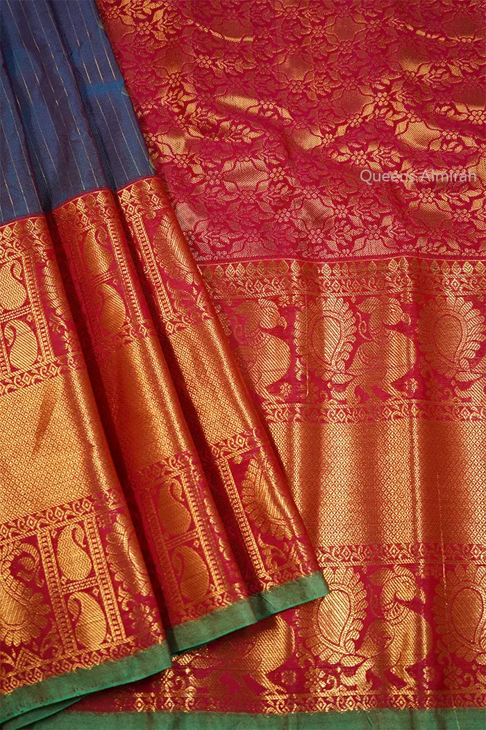 GREYISH BLUE WITH DUUSKY ROSE MANGALGIRI GADWAL SAREE - Queens Jewel Emporium