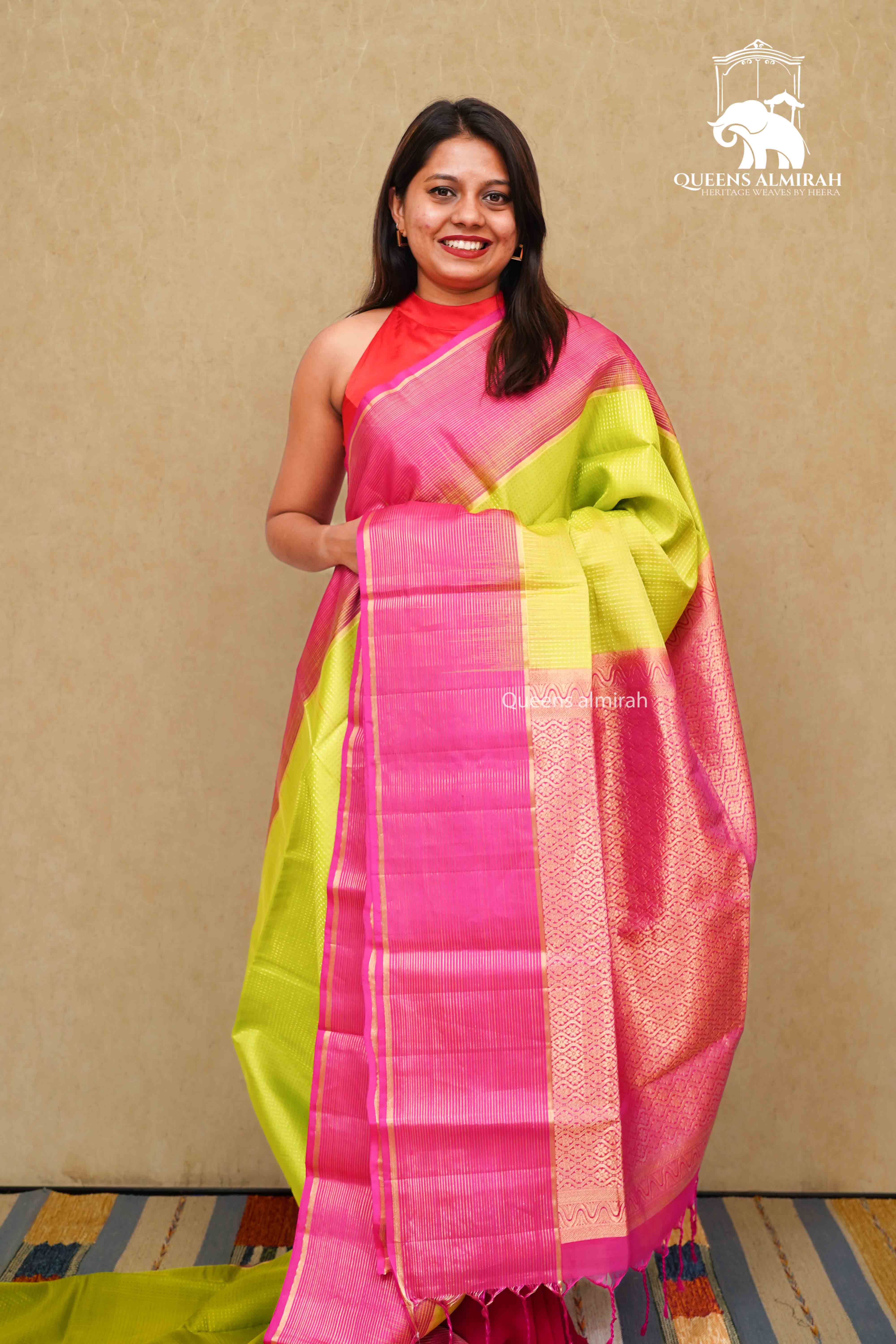 GUAVA GREEN WITH PURPLE PURE KANCHI SOFT SILK SAREE - Queens Jewel Emporium