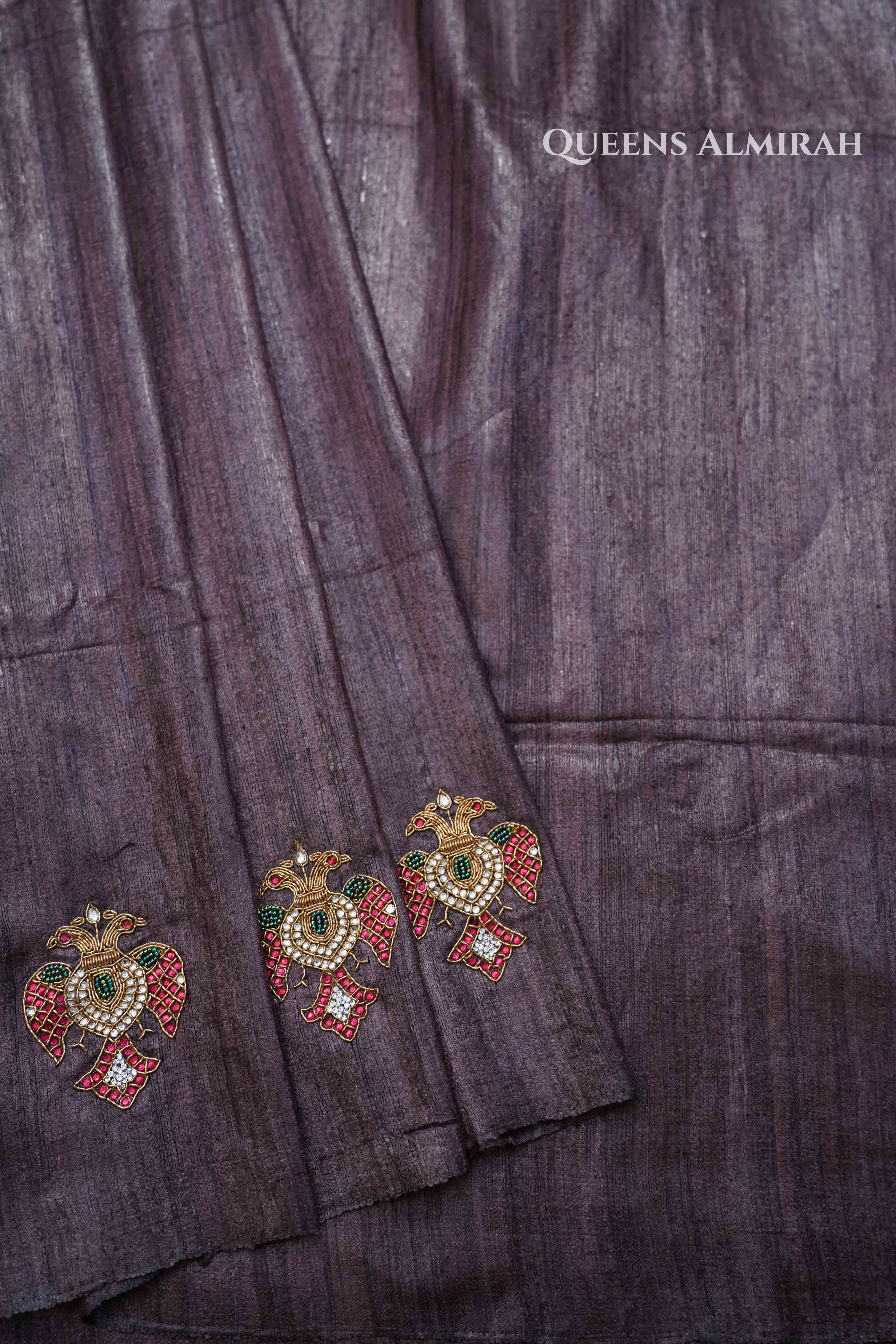 Grey Purple Pure Tussar Silk Saree - Queens Jewel Emporium