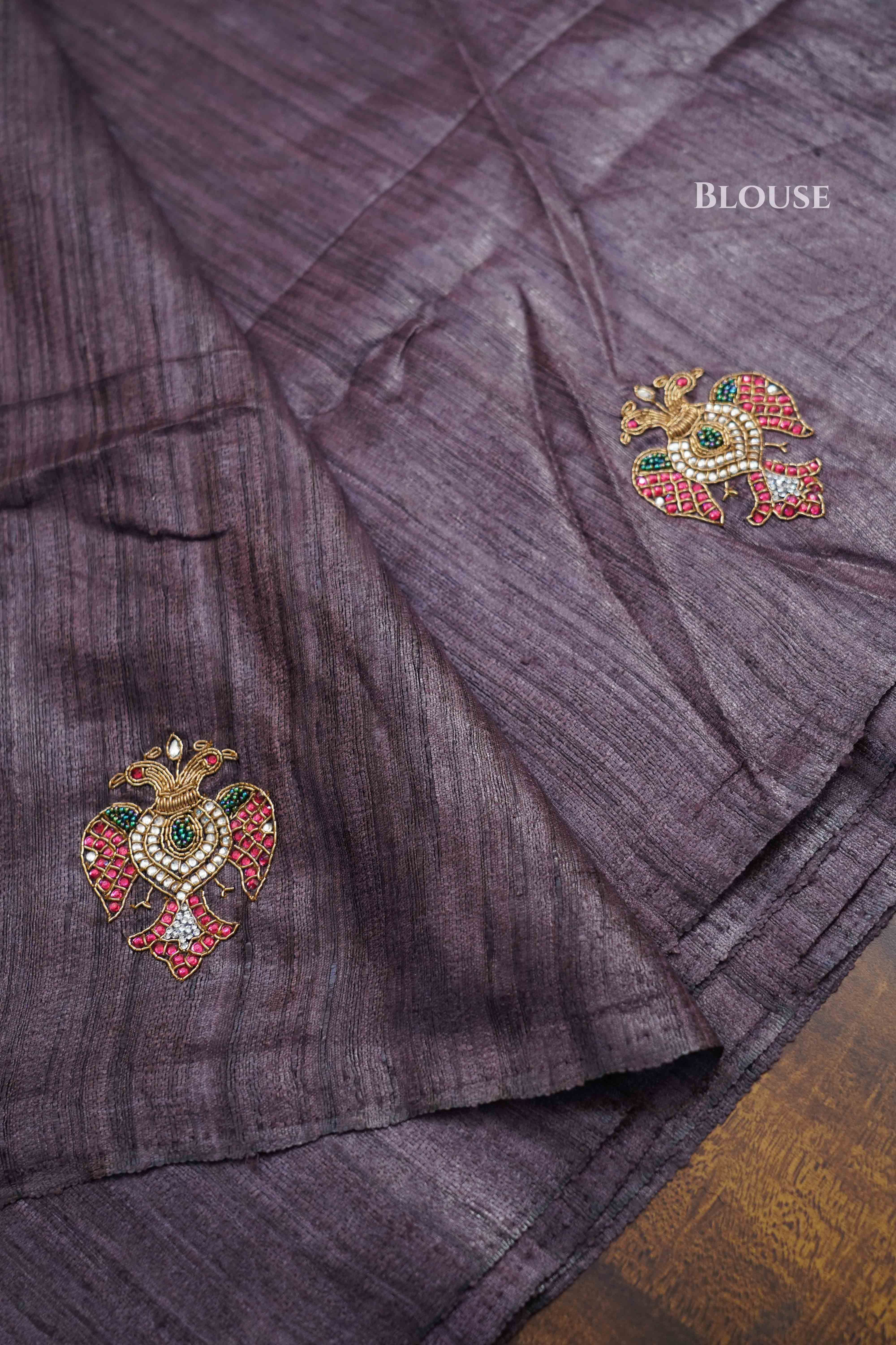 Grey Purple Pure Tussar Silk Saree - Queens Jewel Emporium