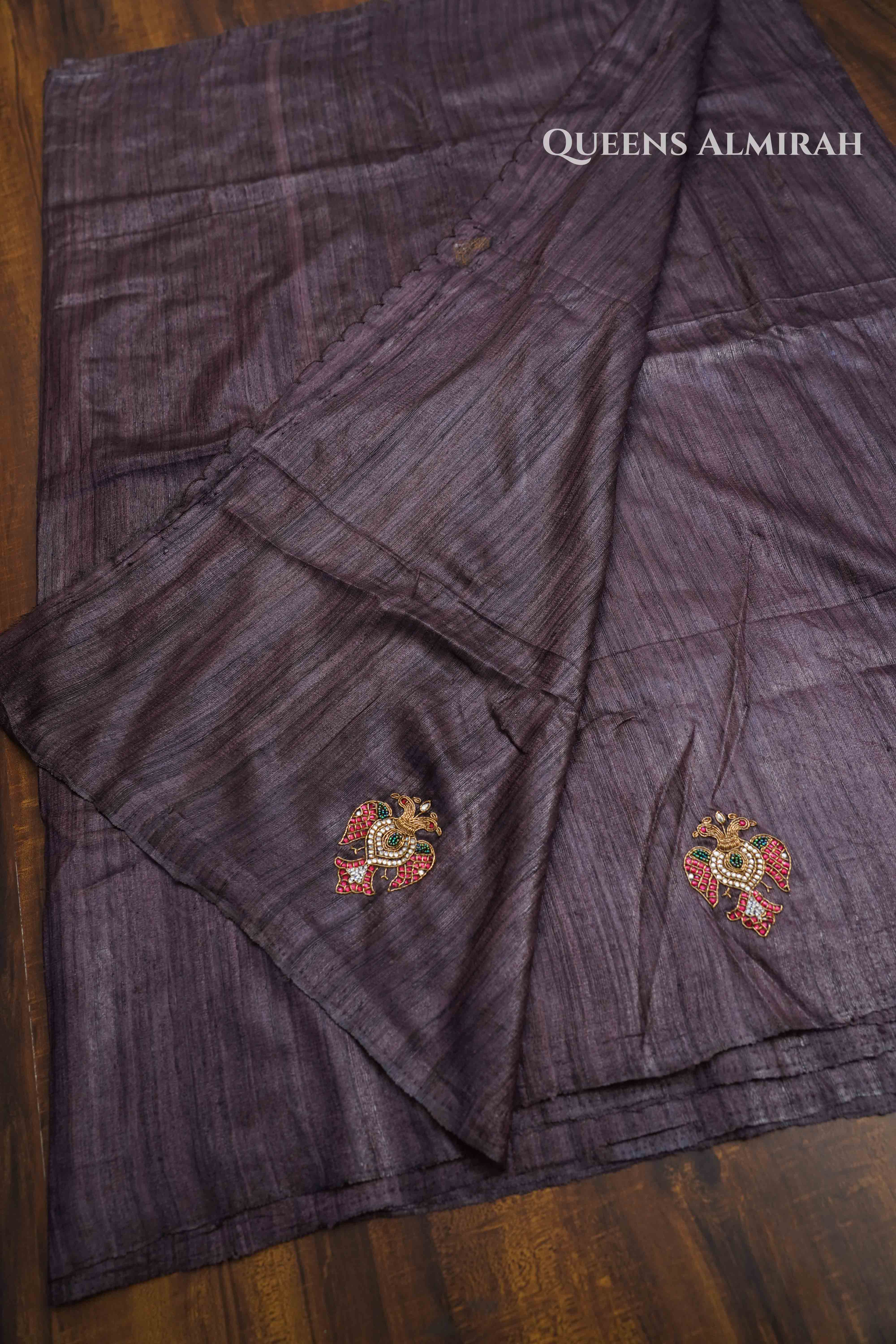 Grey Purple Pure Tussar Silk Saree - Queens Jewel Emporium