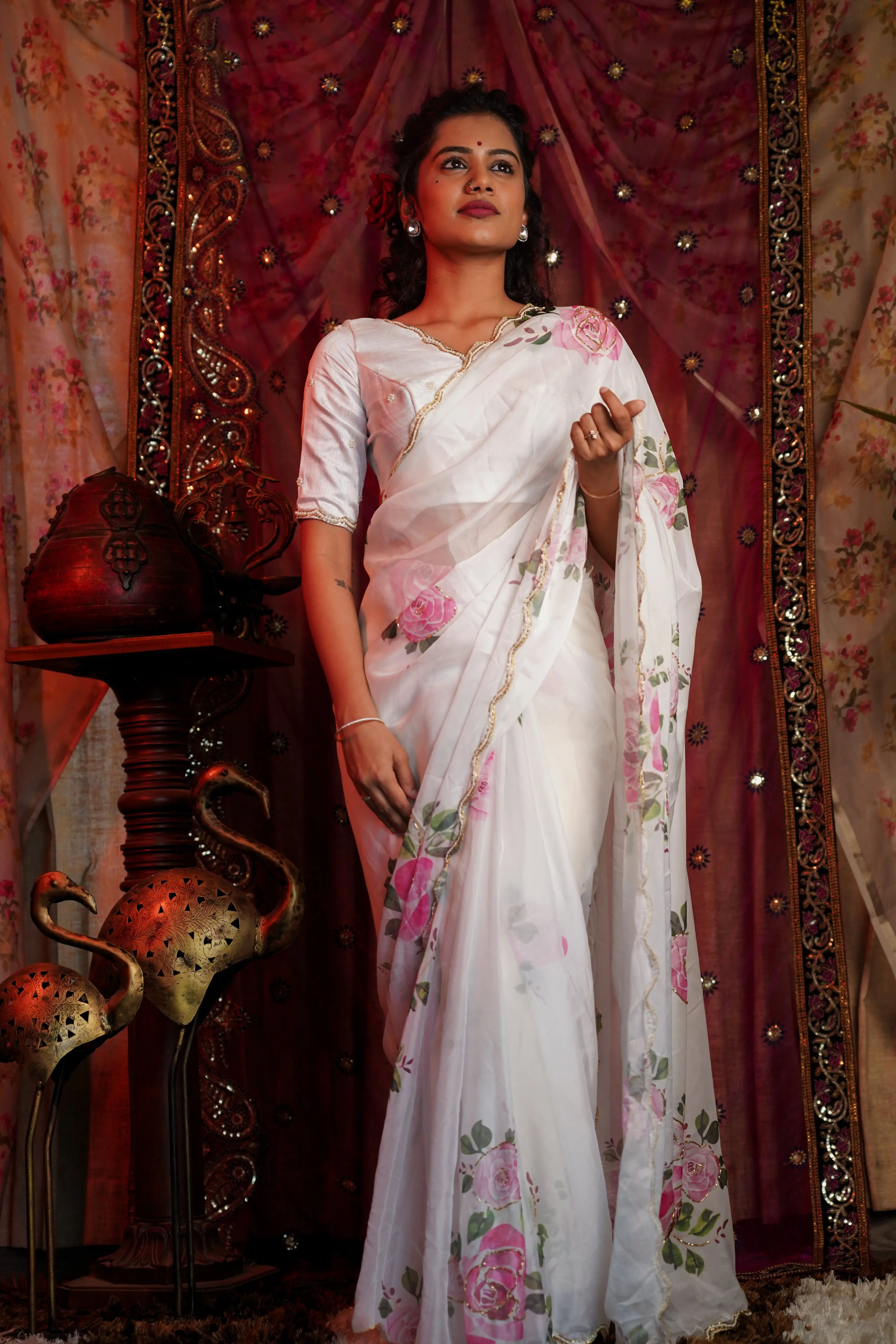 Gangubai White Organza Floral Saree QUEENS ALMIRAH