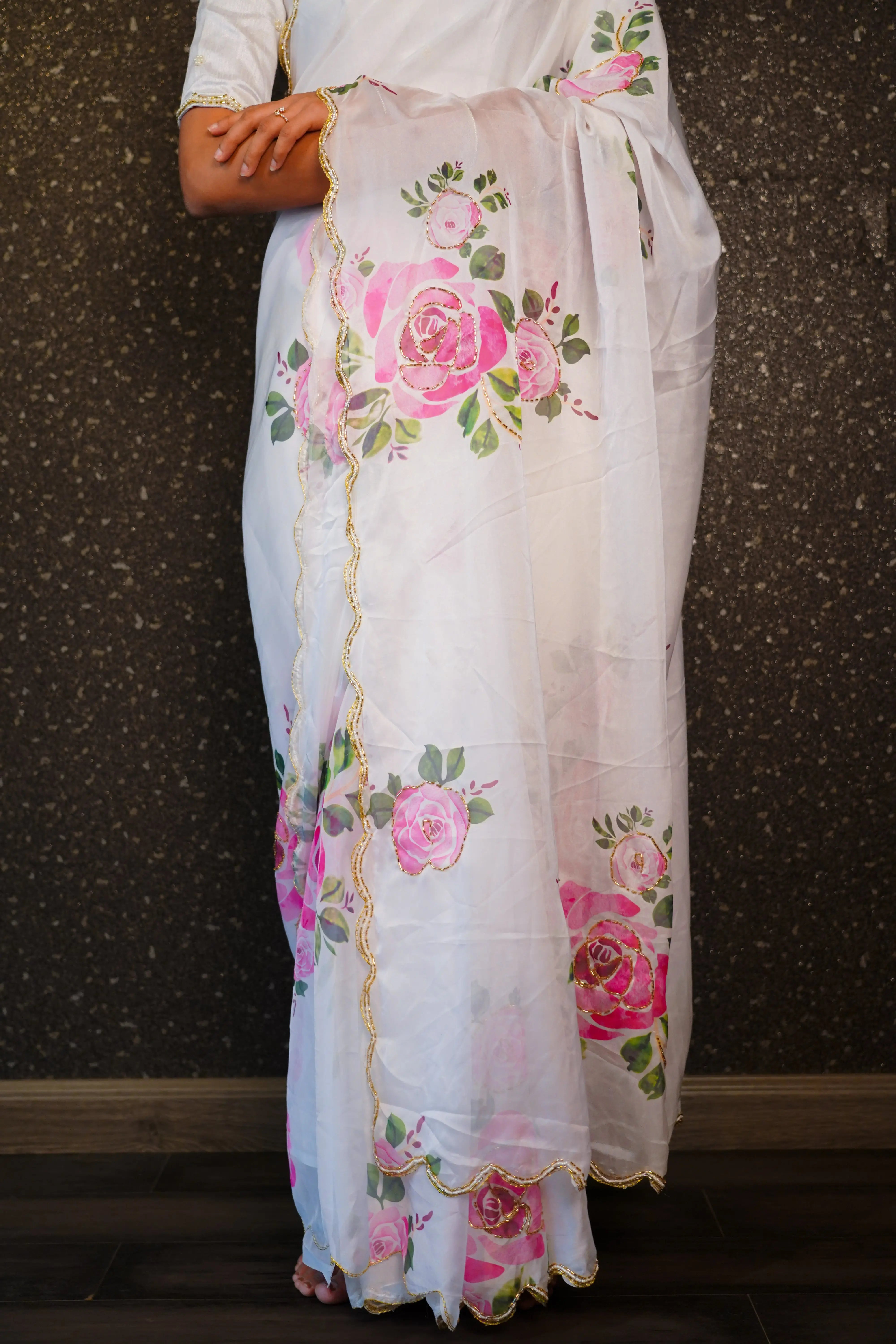 Gangubai White Organza Floral Saree QUEENS ALMIRAH