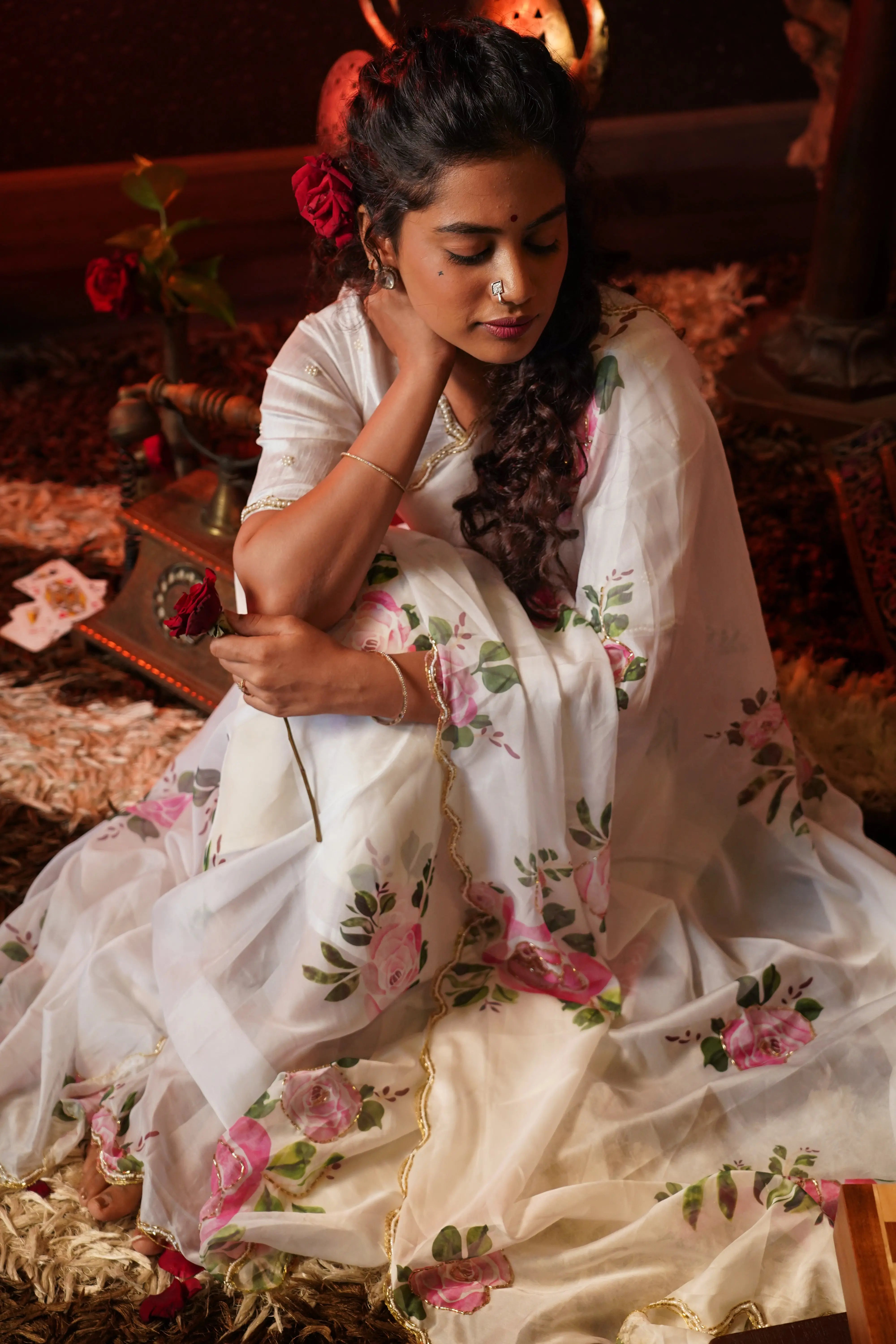 Gangubai White Organza Floral Saree QUEENS ALMIRAH