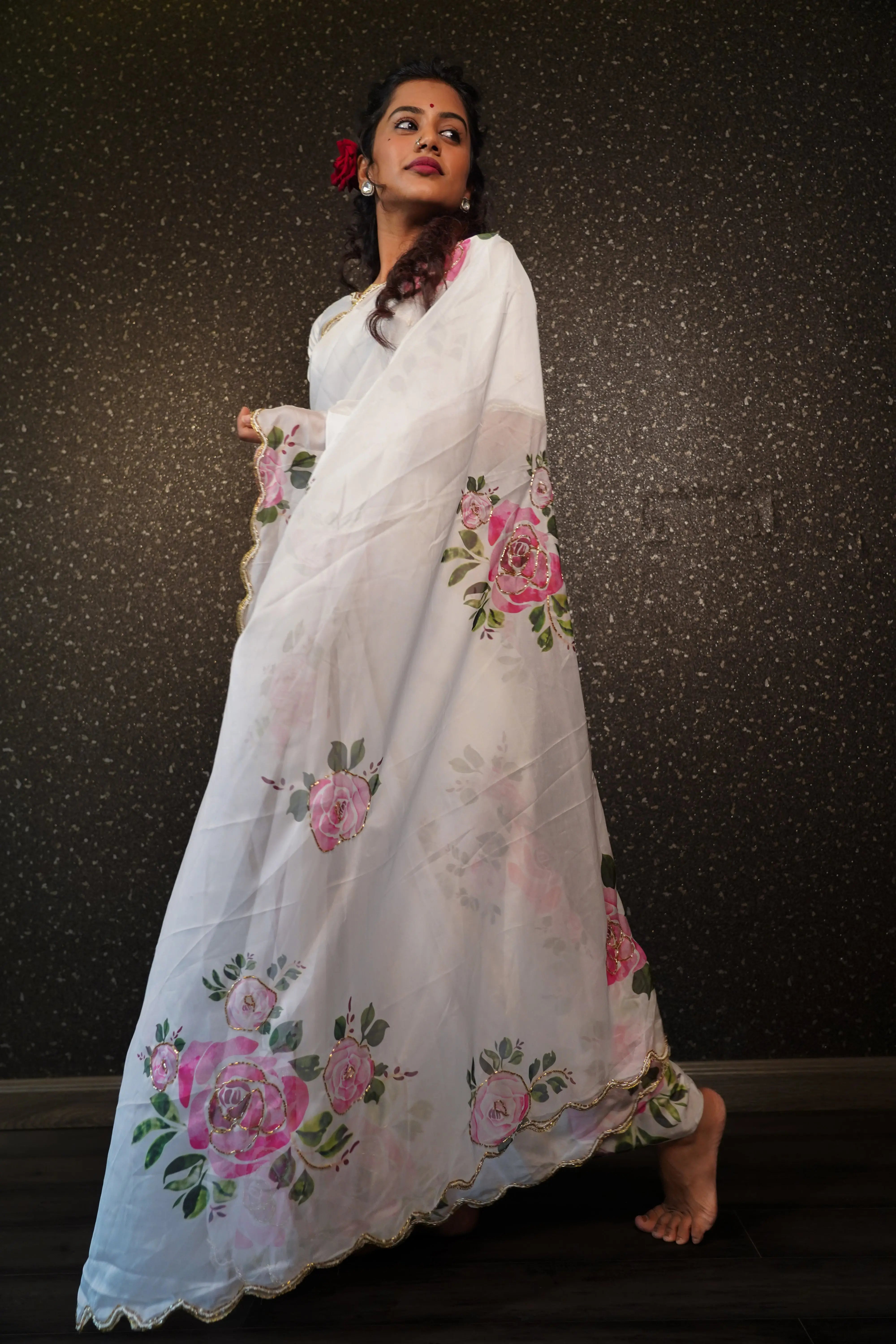 Gangubai White Organza Floral Saree QUEENS ALMIRAH