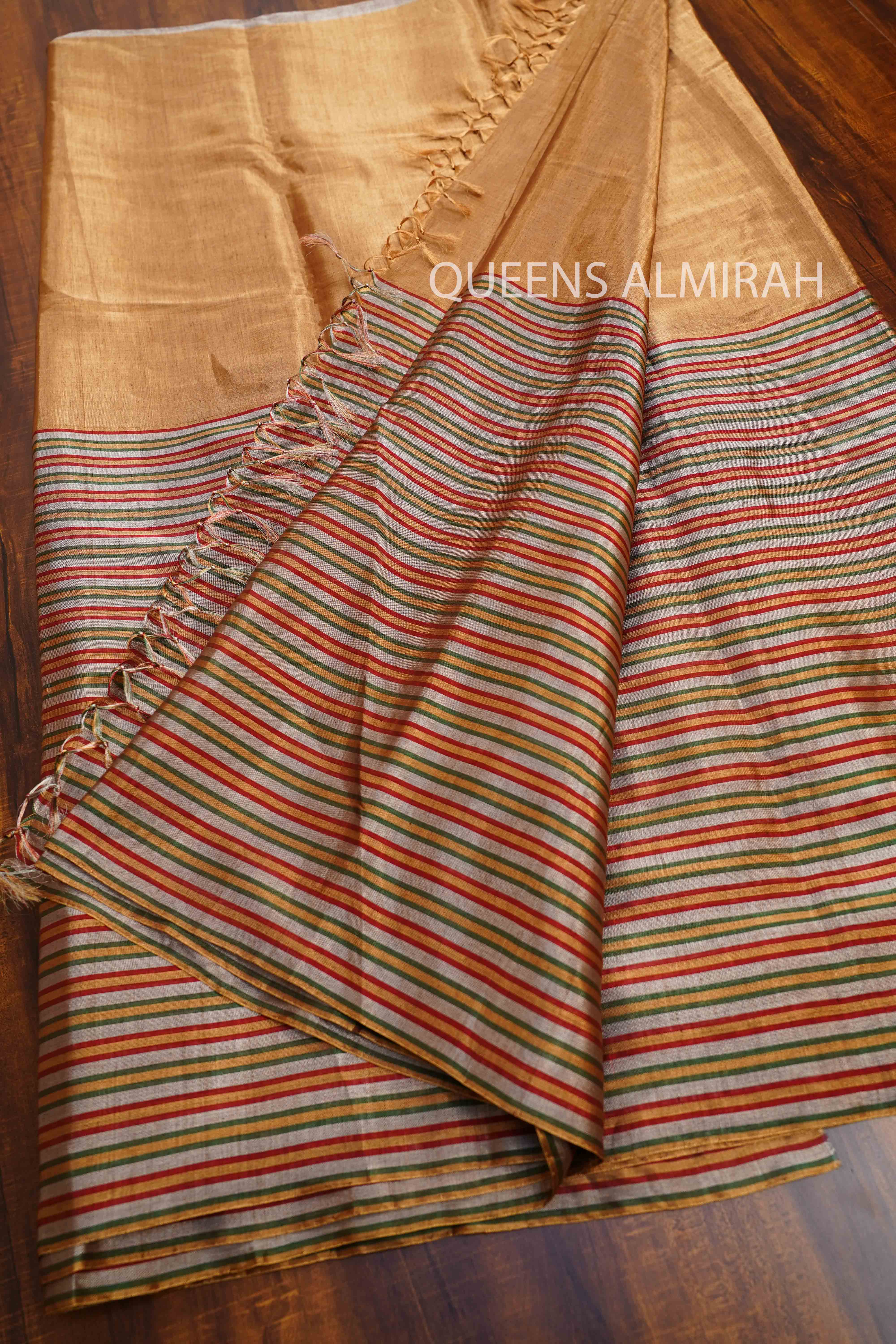 GOLDEN WITH RED AND GREEN VERTICAL STRIPES KATAN CHANDERI SILK SAREE - Queens Jewel Emporium