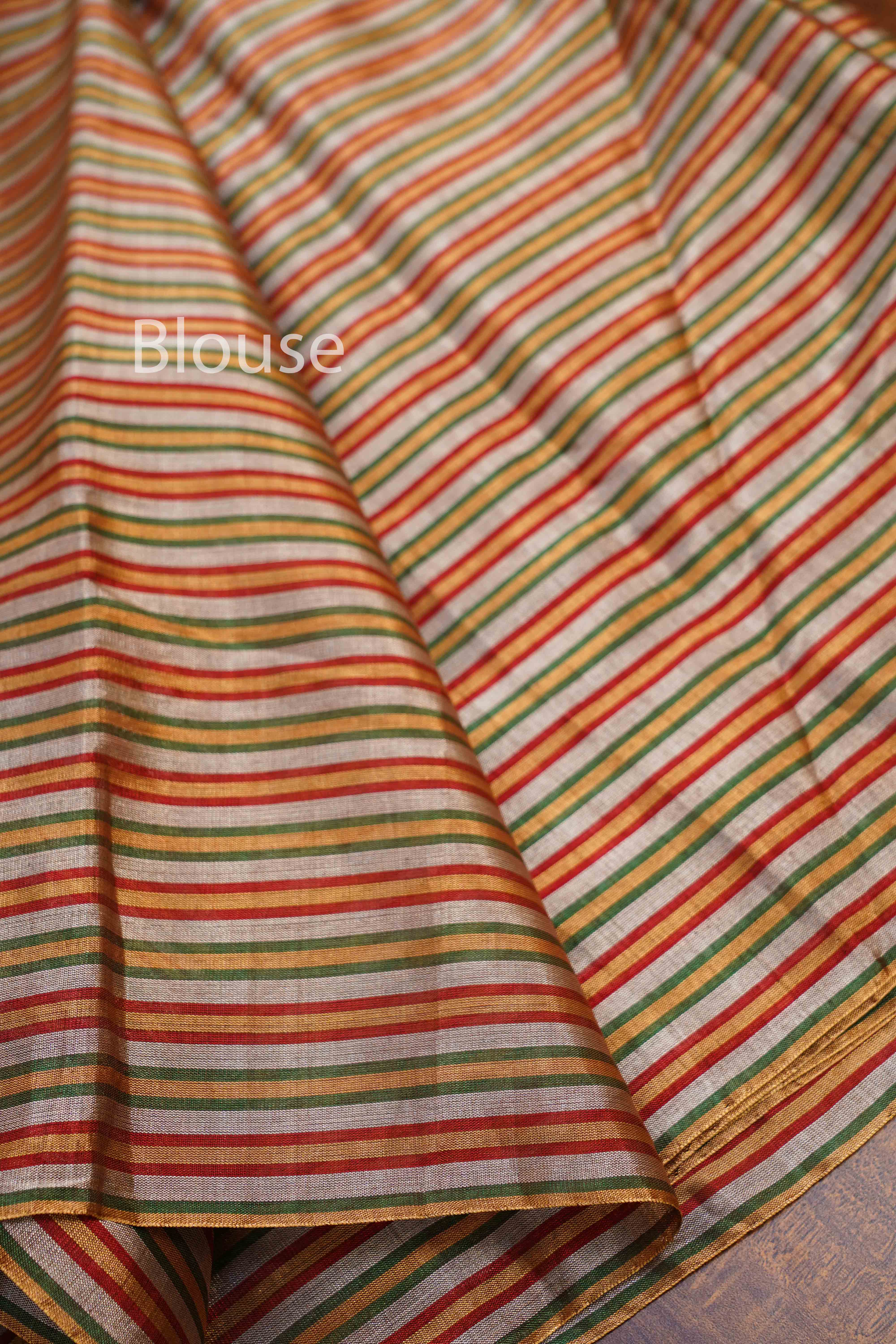 GOLDEN WITH RED AND GREEN VERTICAL STRIPES KATAN CHANDERI SILK SAREE - Queens Jewel Emporium