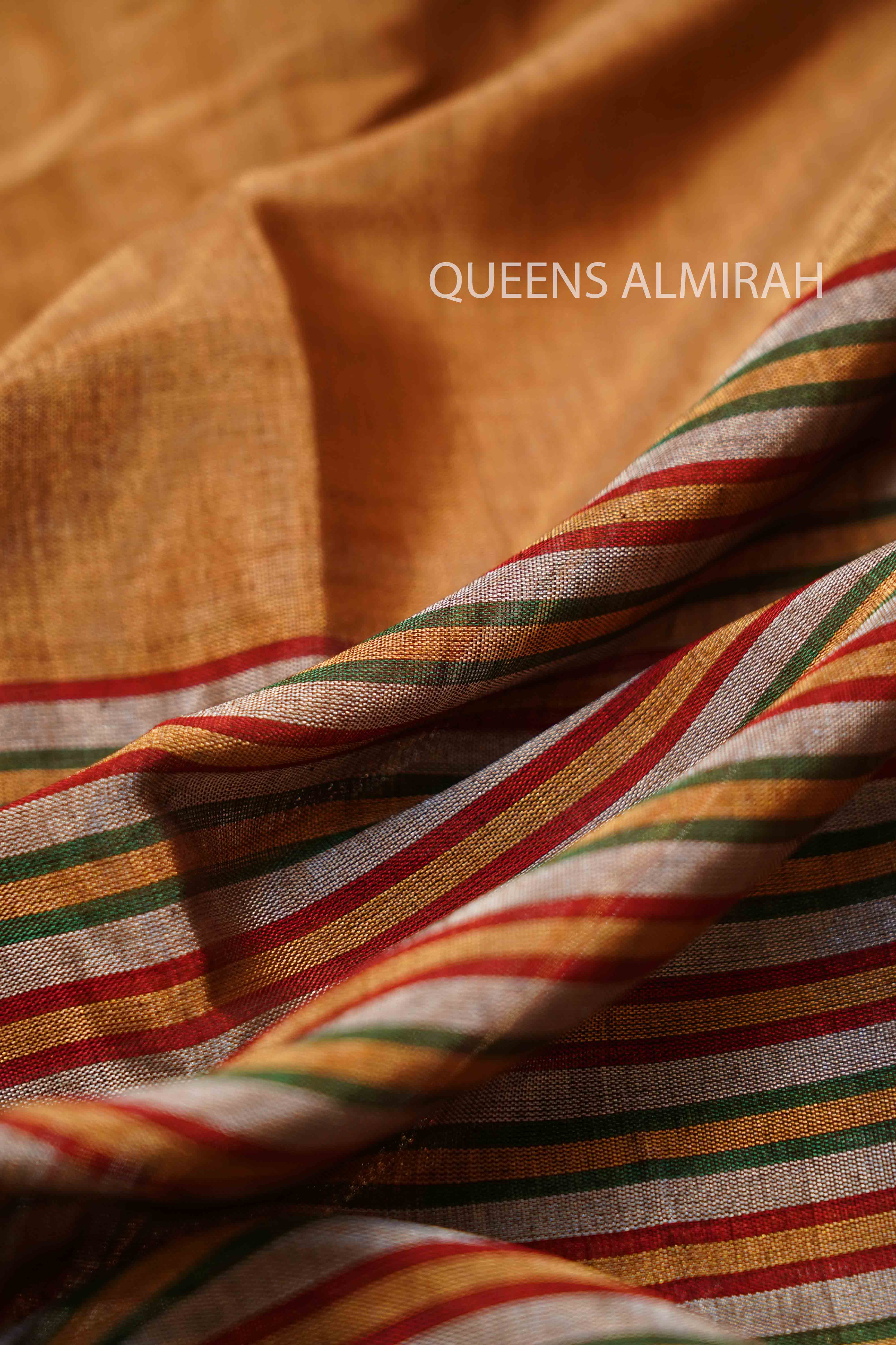 GOLDEN WITH RED AND GREEN VERTICAL STRIPES KATAN CHANDERI SILK SAREE - Queens Jewel Emporium