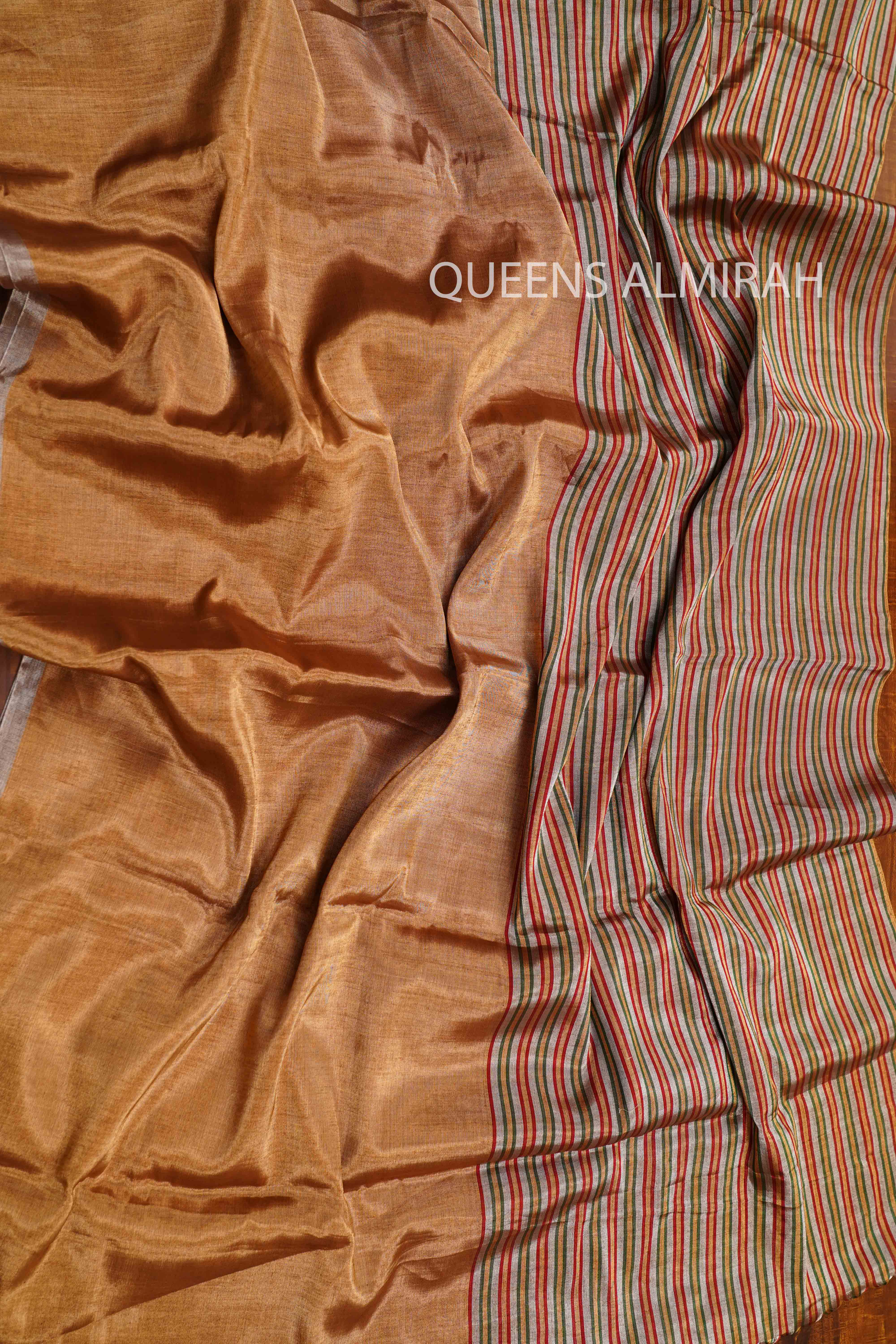 GOLDEN WITH RED AND GREEN VERTICAL STRIPES KATAN CHANDERI SILK SAREE - Queens Jewel Emporium