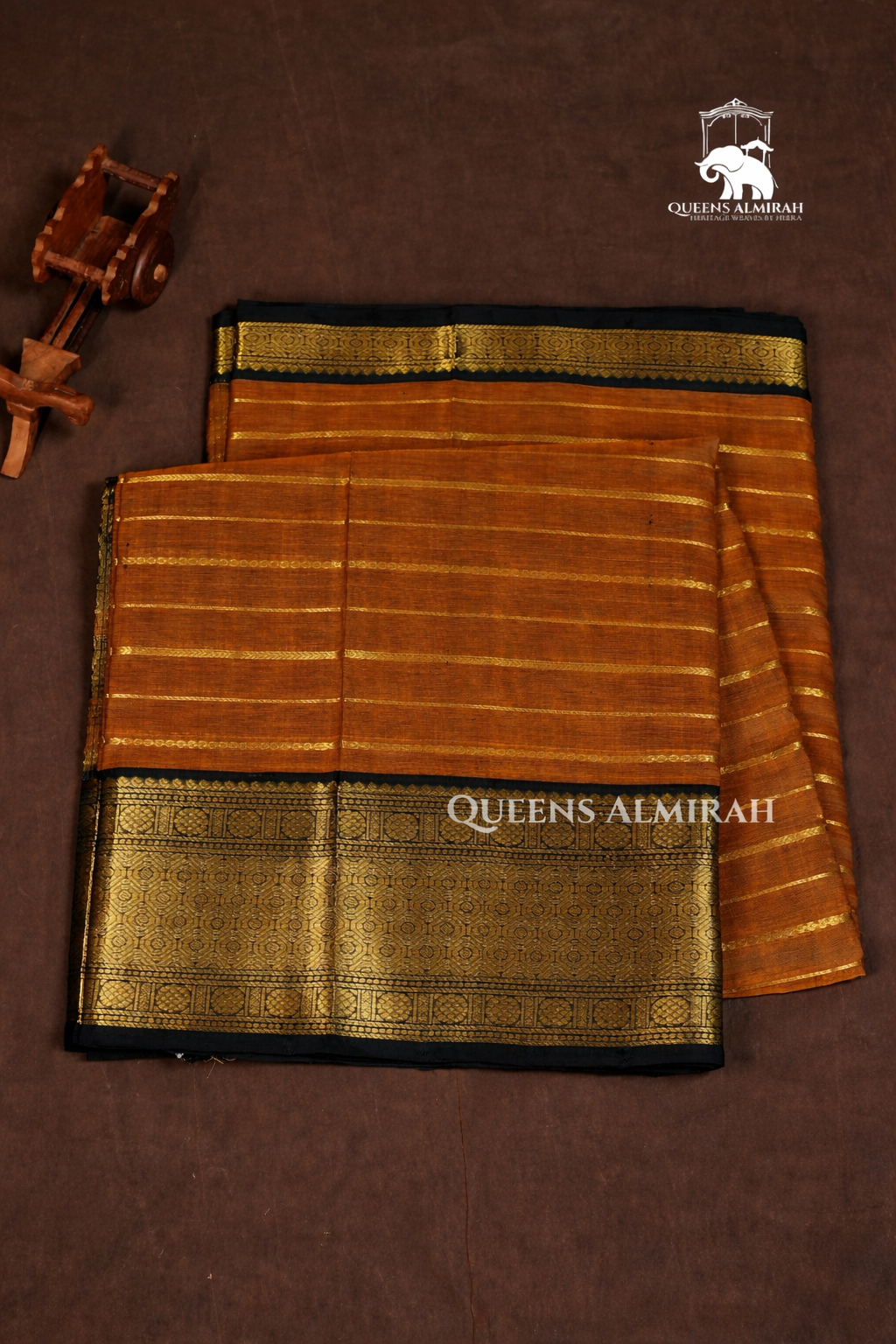 Mustard Brown With Black Pure Silk Cotton Saree