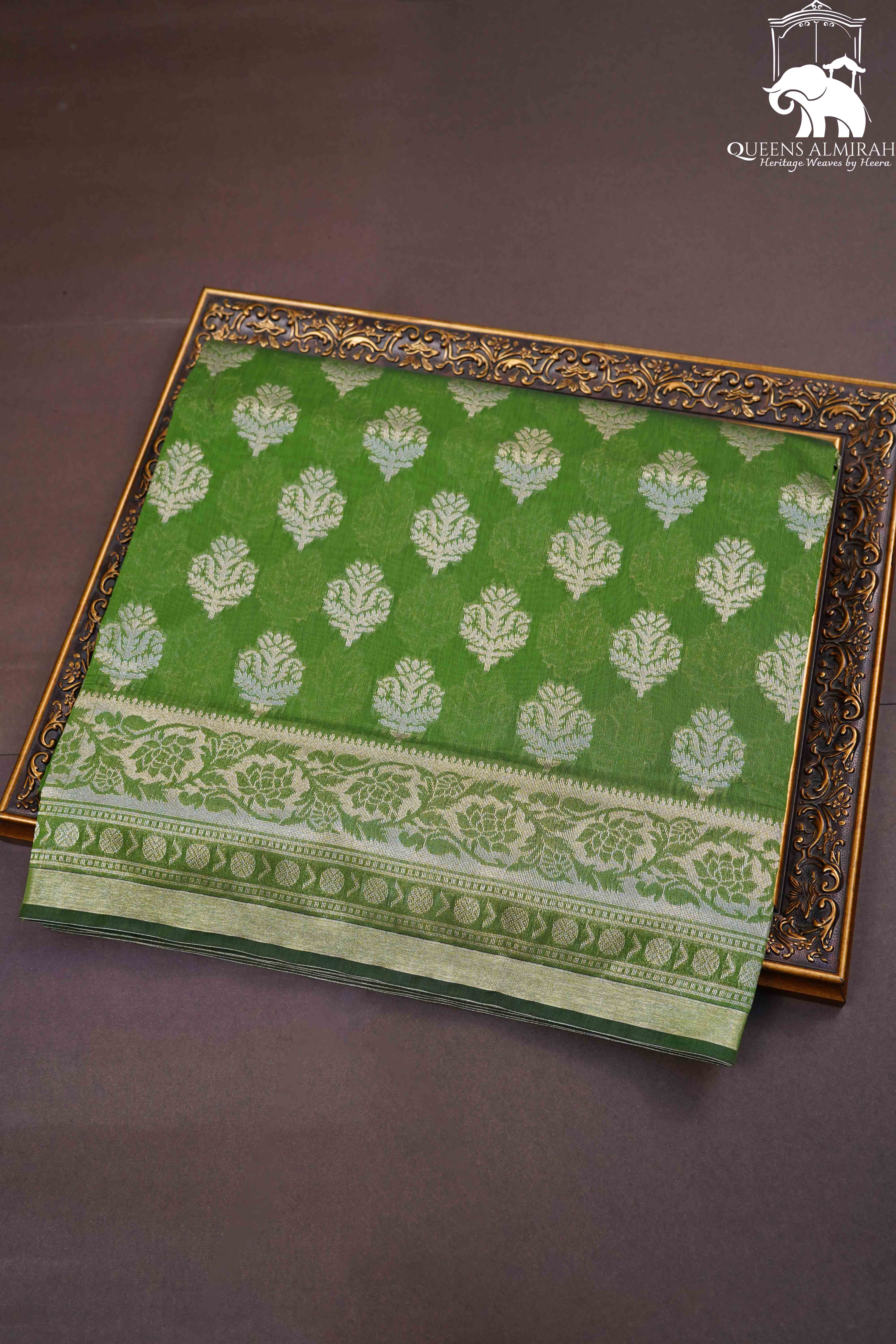 GREEN GREY BANARASI SILK COTTON SAREE - Queens Jewel Emporium